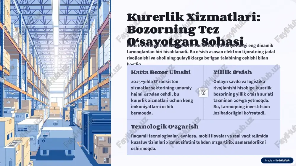 raro va qishloq joylarida yetarli darajada rivojlanmaganligi. o‘zbekistonning 2023-yildagi logistika indeksida 88-o‘rinda turishi bu muammoni tasdiqlaydi. 2 raqobat cheklovlari bozorda davlat monopoliyalarining saqlanib qolishi va haddan tashqari tartibga solish raqobatning to‘liq rivojlanishiga imkon bermayapti, bu esa innovatsiyalarni sekinlashtirmoqda. 3 kadrlar malakasi kurerlik sohasida professional kadrlar va raqamli ko‘nikmalarga ega xodimlar yetishmasligi. hozirda aholining faqat 15%i asosiy ict ko‘nikmalariga ega. 4 raqamli transformatsiya: kurerlikning kelajagi kelajakda kurerlik xizmatlari avtomatlashtirilgan logistika, sun'iy intellekt va "oxirgi milya" yetkazib berish uchun dronlardan foydalanishga o‘tadi. raqamli transformatsiya orqali yetkazib berish yanada tez, shaffof va arzon bo‘ladi. 5 bozorning raqobatbardoshligi va innovatsiyalar raqobatning kuchayishi kompaniyalarni mijozlarga yanada qulay va tezkor xizmatlarni taklif qilishga undamoqda. texnologik innovatsiyalar ushbu jarayonning harakatlantiruvchi kuchidir. texnologik yechimlar mobil ilovalar orqali buyurtma berish, onlayn to‘lov imkoniyatlari va paketlarni gps orqali real vaqtda kuzatish standartga aylandi. kuchli raqobat misoli xususiy kompaniyalar o‘rtasida raqobat kuchaymoqda. masalan, hayot bank kabi yangi o‘yinchilar qisqa muddat ichida …