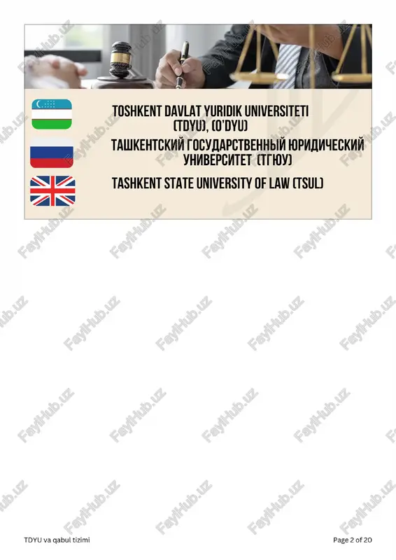yu va gqabul tizimi page 7 of 20 rejalari: e yevropa kredit tizimini (ects) tatbiq etish e professor-o‘qituvchilarni xalgqaro standartlar asosida tayyorlash e xususiy hugug milliy maktablarini rivojlantirish e uzbekistan law blog’ni ishga tushirish e business networking loyihasi e legal business coaching treninglari tuzilmasi: 5 kafedra e fugarolik huqugqi fuqarolik va iqtisodiy protsessual huquqi biznes huqudi mehnat huquai intellektual mulk hugquai tdyu va gqabul tizimi page 8 of 20 dekan: xodjayev baxshillo kamolovich ¢ iimiy darajasi: phd, nagoya univ. (lld), tdyu magistri ¢ tajriba: o advokat (biznes huqud}) o hakamlik sudi sudyasi o konsalting firmasi bosh maslahatchisi o nagoya univ. professor yordamchisi o adliya vazirligi boshqarma boshlig’i o‘rinbosari ¢ darslari: biznes hugqugqi, raqgobat huqugi ¢ iimiy faoliyati: o ujols jurnal bosh muharriri o'rinbosari o ilmiy seminarda faol ishtirokchi o “buyuk kelajak” xalqaro nnt eksperti e < e-mail: mamasobirovd@gmail.com tdyu va gqabul tizimi page 16 of 20 "xalqaro huquq va qiyosty …