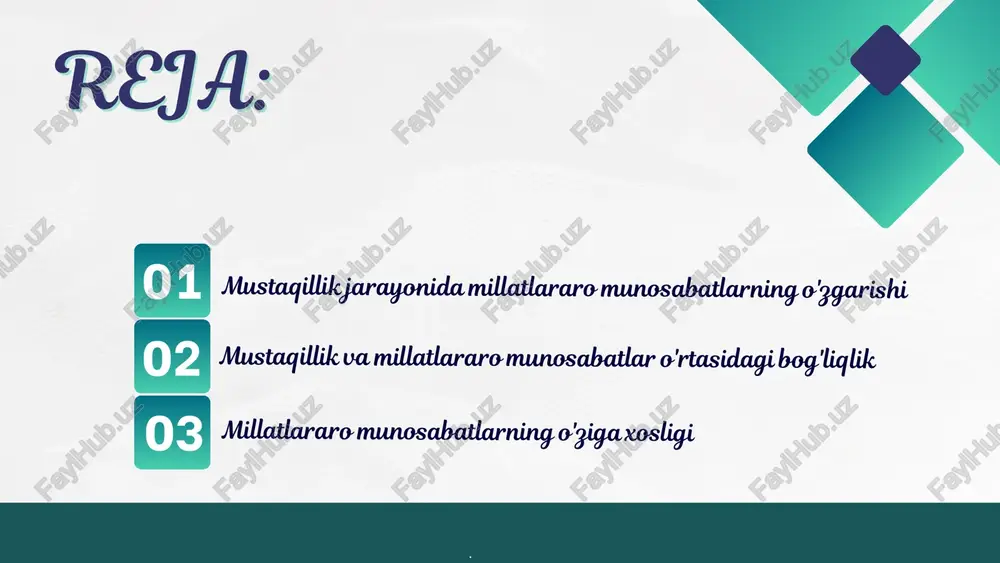 nning boy tarixi va madaniy meroslari muhofaza qilinmoqda. 2 urf-odat va an'analarni rivojlantirish turli millat va dinlarga oid urf-odat, an'analarni yanada rivojlantirish. 3 yosh avlod ongida yangicha tushunchalar yosh avlodning milliy va madaniy tushunchalari shakllantirilmoqda. madaniy almashinuv va o'zaro boyitish madaniy tadbirlarni rivojlantirish turli mazmundagi madaniy tadbirlarning tashkil etilishi. ilmiy-madaniy aloqalarni mustahkamlash o'zbekiston va boshqa davlatlar o'rtasidagi ilmiy- madaniy aloqalarni yanada rivojlantirish. o'zaro madaniy boyishish ushbu almashinuvlar orqali madaniy o'zaro boyish jarayonlari. tinchlik va barqarorlik muhitini yaratish tinchlik xavfsizlik barqarorlik millatlararo totuvlik dinlararo uyg'unlik ijtimoiy-iqtisodiy rivojlanish kadrlar salohiyati ijtimoiy-iqtisodiy rivojlanish uchun qulay shart-sharoitlar yaratish investitsiyalar xorijiy investitsiyalarni jalb etish va mahalliy biznesni rivojlantirish. infratuzilma zamonaviy infratuzilma va kommunikatsiya imkoniyatlarining yaratilishi. kadrlar salohiyatini rivojlantirish va ish o'rinlarini yaratish. ijtimoiy himoya fuqarolarning ijtimoiy- iqtisodiy manfaatlarini himoya qilish. yosh avlod ongida millatlararo to'g'ri tushunchalar shakllanishi 1 ta'lim-tarbiya yosh avlodga millatlararo hamjihatlik va o'zaro hurmat ruhida ta'lim-tarbiya berilmoqda. 2 ijtimoiylashuv turli millat va dinlarga …