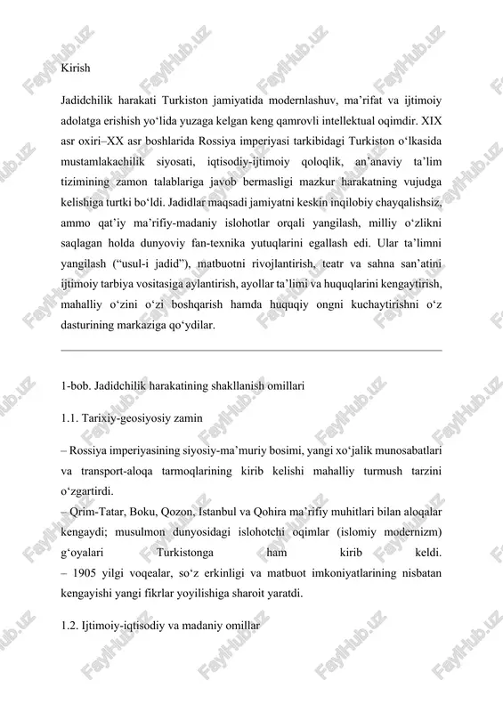lanib qolishi, tabiiy fanlar va til o‘qitishidagi kamchiliklar. – mahalliy elita va ziyolilar orasida “ommani ilmga yetaklash” ehtiyoji. 1.3. dastlabki markazlar va namoyandalar – samarqand, toshkent, qo‘qon, buxoro, xiva – yangi maktablar va matbuot o‘choqlari. – mahmudxo‘ja behbudiy, abdulla avloniy, abdurauf fitrat, munavvarqori, abdurauf qodiriy (abdulla qodiriy), cho‘lpon, hamza, sidqiy xondayliqiy va boshqalar. 2-bob. jadidchilikning ijtimoiy-siyosiy mohiyati 2.1. “usul-i jadid” – ta’lim islohoti harakatning yuragi – savod chiqarishning fonetik-analitik usuli, qisqa muddatda o‘qish-yozishni o‘rgatish, arifmetika, tarix, jug‘rofiya, tabiiyot, gigiyena, rus va turkiy tillarni o‘qitish. – darslik va qo‘llanmalar yaratish, maktab infratuzilmasini yangilash, o‘qituvchi tayyorlash. – ta’limni jamiyat taraqqiyotining bosh omili sifatida ko‘rish. 2.2. matbuot va jamoatchilik fikri – “taraqqiy”, “sadoi turkiston”, “hurriyat”, “buxoroi sharif”, “oyina” va b. sahifalarida ijtimoiy-iqtisodiy muammolar, gigiyena, agronomiya, o‘qituvchilik metodikasi, huquqiy madaniyat targ‘ib qilindi. – matbuot xalqni “fuqaro” sifatida shakllantirish, tanqidiy fikr va bahs madaniyatini yoyish vositasi bo‘ldi. 2.3. teatr va sahna – ijtimoiy tarbiya maydoni …