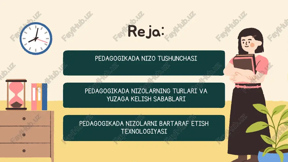shash sharoitining yaxshi emasligi. agar oʼqituvchi stress holatida boʼlsa oʼquvchiga nisbatan adolatsiz xatti-harakat qilishi, oʼzi bilmagan holda yuqoridagi xatolarga yoʼl qoʼyishi mumkin. oʼquvchida yomon turmush tarzi boʼlsa nafaqat oʼqituvchi balki yon atrofdagi hamma bilan ziddiyatli holat va ogʼir psixologik jarayon holati yuzaga kelishi mumkin. ta'lim sohasidagi nizolarni hal qilish tartibi to'g'risida"gi hujjat (2023 yil) o'zbekiston respublikasi prezidentining farmoniga asosan, ta'lim sohasidagi nizolarni hal qilish uchun yangi tartib ishlab chiqilgan. bu hujjat o'qituvchilar, o'quvchilar va ota- onalar o'rtasidagi nizolarni hal qilishni osonlashtiradi. asosiy bandlar: shikoyatlarni ko'rib chiqish: ta'lim muassasalarida o'quvchilar va o'qituvchilar o'rtasidagi nizolarni ko'rib chiqish uchun maxsus komissiyalar tashkil etish. mediatsiya va arbritaj: nizolarni sudga bormasdan hal qilish uchun mediatsiya va arbritaj xizmatlari tashkil etish. shaxsiy yondashuv: har bir shikoyatni individual ravishda ko'rib chiqish va nizolarni hal qilishda tarbiya va maslahat berish. "pedagogik etika va xulq-atvor to'g'risida"gi qonun (2024 yil) bu qonun pedagogik etika va o'qituvchilarning xulq-atvorini belgilovchi me'yorlarni qayta …
