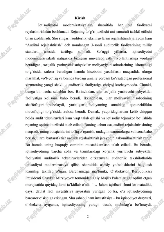 ernizatsiya qilish sharoitida asosiy yoʻnalishlarini belgilash lozimligi takitlab oʻtgan. barchamizga maʼlumki, oʻzbekiston respublikasi prezidenti shavkat mirziyoyev tomonidan oliy majlis palatalariga taqdim etgan murojaatida quyidagilarni taʼkidlab oʻtdi: “… jahon tajribasi shuni koʻrsatadiki, qaysi davlat faol investitsiya siyosatini yuritgan boʻlsa, oʻz iqtisodiyotining barqaror oʻsishiga erishgan. shu sababli ham investitsiya – bu iqtisodiyot drayveri, oʻzbekcha aytganda, iqtisodiyotning yuragi, desak, mubolagʻa boʻlmaydi. investitsiya bilan birga turli soha va tarmoqlarga, [footnoteref:1]hududlarga yangi texnologiyalar, ilgʻor tajribalar, yuksak malakali mutaxassislar kirib keladi, tadbirkorlik jadal rivojlanadi.…”. [1: oʻzbekiston respublikasi prezidenti shavkat mirziyoyevning oliy majlisga taqdim etgan murojaatnomasi, 2018-yil 28-dekabr, www.kun.uz] prezidentimizning ushbu nutqlaridan tadbirkorlikni keng rivojlantirish uchun investitsiyalarni jalb etish naqadar muhimligini koʻrish mumkin. bunday sharoitda investorning ishonchini qozonish uchun xalqaro talablarga javob beradigan auditorlik xulosasi muhim ahamiyat kasb etadi. xoʻjalik yurituvchi subyektlar egalari, investorlar va boshqalar muhim qarorlar qabul qilishi uchun xoʻjalik subyektining moliyaviy hisobotlarini oʻrganadi. ular mahsulot ishlab chiqarish hajmini oshirish yoki kamaytirish, asosiy vositalarni ijaraga …