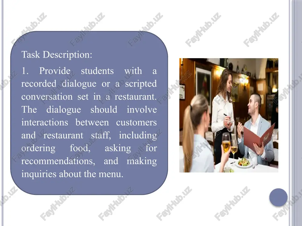 mousse, and ___." multiple-choice questions: choose the correct option based on the information provided in the listening material. 3. what type of cuisine does the restaurant specialize in? a) italian b) mexican c) chinese d) french 4. how does the staff respond to a customer's request for a vegetarian main course? a) they recommend the seafood pasta. b) they suggest the grilled vegetable platter. c) they offer a complimentary salad. d) they apologize and mention not having any vegetarian options. 5. what drink does the customer ultimately choose? a) red wine b) sparkling water c) iced tea d) orange juice assessment criteria: - comprehension: students should demonstrate the ability to accurately extract specific information from the dialogue, including food items ordered, responses to customer inquiries, and details about service provided. - vocabulary and expression: assess students on their use of appropriate dining-related vocabulary and their ability to express their understanding …