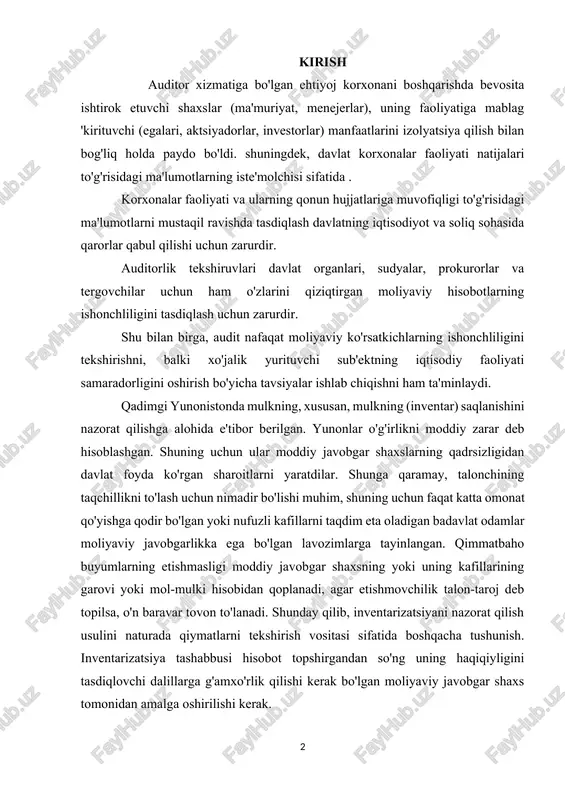 ni naturada qiymatlarni tekshirish vositasi sifatida boshqacha tushunish. inventarizatsiya tashabbusi hisobot topshirgandan so'ng uning haqiqiyligini tasdiqlovchi dalillarga g'amxo'rlik qilishi kerak bo'lgan moliyaviy javobgar shaxs tomonidan amalga oshirilishi kerak. 1. auditning paydo bo'lishi va rivojlanish tarixi audit (turli xil tarjimalarda bu so'z "eshitadi", tinglaydi degan ma'noni anglatadi) juda uzoq tarixga ega. tarixshunoslik manbalarini o'rganish mustaqil moliyaviy nazorat sifatida audit ko'p asrlik rivojlanish davriga ega ekanligini ta'kidlash imkonini beradi. iqtisodiy faoliyat nazoratining rivojlanishi nil, dajla va furot daryolari vodiylarida joylashgan shtatlarda buxgalteriya hisobining paydo bo'lishi bilan bog'liq bo'lib, buxgalteriya hisobi papirusda, keyinchalik esa qog'ozda olib borilgan. shunday qilib, qadimgi misrda i va ii sulolalar davrida (miloddan avvalgi 3400-2980 yillar) har ikki yilda bir marta ko'char va ko'chmas mulkni inventarizatsiya qilish amalga oshirilgan. 4-sulola davrida davriy inventar joriy (doimiy) bilan almashtirildi. uning maqsadi non va boshqa oziq-ovqat mahsulotlarini taqsimlashning ishonchliligini tekshirish edi. iqtisodiy operatsiyani nazorat qilish uch kishi tomonidan amalga oshirildi - biri …