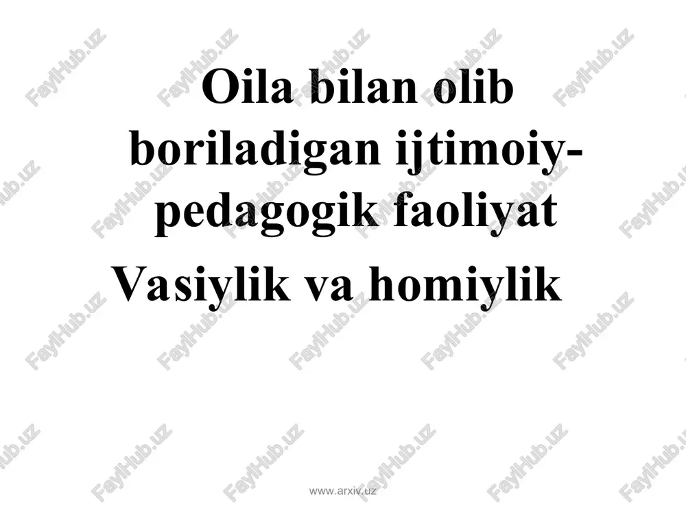 i (oilaning daromadi yuqori, o’rtcha va past bo’lishi mumkin). www.arxiv.uz www.arxiv.uz oilaning ijtimoiy-ruhiy holati – oilada sog’lom yoki nosog’lom psixologik muhit mavjudligini anglatadi; – oiladagi sog’lom psixologik muhit oila a’zolarining bir-birlari bilan yaqinliklari, o’zaro hamkor, hamfikr va teng huquqli ekanliklarini anglatsa, nosog’lom psixologik muhit esa aksincha, oilada janjal-nizolarning ko’pligi, oila a’zolarining bir-birlariga nisbatan mehrli, oqibatli emasliklarini ko’rsatadi. www.arxiv.uz www.arxiv.uz oilaning ijtimoiy- madaniy darajasi – oila a’zolarining axloqi, atrofdagilar bilan munosabati, ma’lumotlilik darajasi, kasb yoki hunar egasi ekanliklari, oilaning muayyan an’anaga egaligi, oila a’zolarining qiziqishlari, ma’naviy ehtiyojlari, maishiy hayotni birgalikda tashkil etishlarini ifodalaydi www.arxiv.uz www.arxiv.uz oilaning vazifaviy holati (vaziyatli-rolli maqomi) – oilada ota-onalar, farzandlarning o’zlariga yarasha vazifalari mavjudligini, ularning mehnat taqsimotidagi ishtiroklari, oila xo’jaligini tashkil etishdagi ishtiroklarini belgilaydi. www.arxiv.uz www.arxiv.uz manbalarda oiladagi mavjud muhit, oila a’zolarining bir-birlari bilan o’zaro munosabatlariga ko’ra oilalarning quyidagi turlari ko’rsatilgan: www.arxiv.uz www.arxiv.uz oila jamiyatning muhim bo’lagi sifatida quyidagi vazifalarni bajaradi: www.arxiv.uz www.arxiv.uz www.arxiv.uz www.arxiv.uz oilaga ko’rsatiladigan …