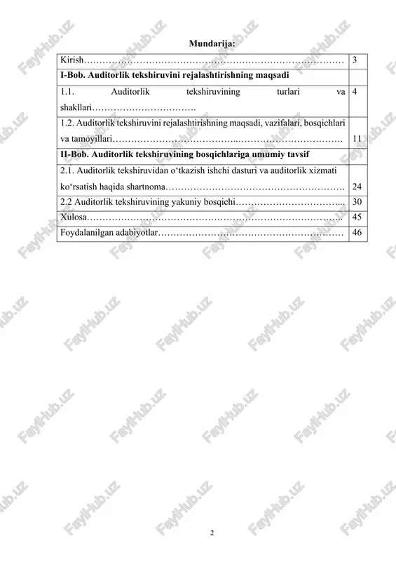 yorlash asosida. kurs ishining maqsadi: auditorlik tekshiruvini rejalashtirishni tahlil qilish kurs ishining vazifasi: auditorlik tekshiruvining bosqichlarini organish. i-bob. auditorlik tekshiruvini rejalashtirishning maqsadi 1.1 auditorlik tekshiruvining turlari va shakllari auditorlik xizmati va uni turkumlash. mulk egalari korxona moliya-xo‘jalik faoliyatini haqiqiy va xolisona baholashdan manfaatdor bo‘ladilar. jahon amaliyotida ushbu masalani hal qilishda asosan auditorlik xizmatidan foydalaniladi. auditorlik xizmati – xo‘jalik subyektlarining moliyaviy hisobotlarini to‘g‘riligini tasdiqlovchi va buxgalteriya hisobini yuritish “bugalteriya hisobi” to‘g‘risidagi qonun, andazalar va boshqa me’yoriy hujjatlarning talablariga javob berishini aniqlovchi mustaqil va xolisona ekspertizadir. shunga ko‘ra auditorlik xizmatini asosiy vazifasi xo‘jalik yurituvchi subyektlarning moliya-xo‘jalik faoliyatlari natijalariga huquqiy jihatdan tasdiqlangan iqtisodiy ma’lumotlar asosida baho berish bo‘lib hisoblanadi. demak, muayan andozalar, me’yorlar, mezonlar, qoidalar va tamoyillar talabi asosida ma’lumotlar yig‘ib korxona faoliyatini baholash auditorlik xizmatining asosiy mazmunini tashkil etadi. auditorlik xizmati audit o‘tkazilishidan manfaatdor bo‘lganlar uchun korxona faoliyatidagi «axborot bo‘shlig‘ini» (hisobotlarda ayrim ma’lumotlarni yetishmasligi yoki hisobotdagi ma’lumotlarni ishonchliligi va haqiqiyligi bilan baholash …