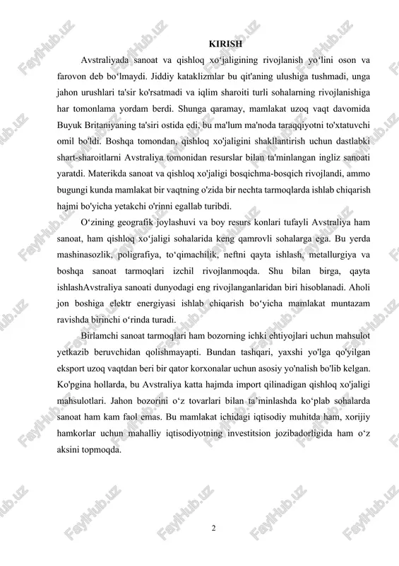 amkorlar uchun mahalliy iqtisodiyotning investitsion jozibadorligida ham o‘z aksini topmoqda. 1. avstraliya iqtisodiyoti sanoati sohalari mamlakatning yetakchi tarmogʻi aynan sanoatdir, chunki bu sohada aholining uchdan bir qismi band. avstraliyada tog‘-kon sanoati, temir-po‘lat, avtomobilsozlik, oziq-ovqat, kimyo, yengil va boshqa sanoat tarmoqlari eng muvaffaqiyatli yo‘nalishlar bo‘lib, ular energiyani hisobga olmaganda. boksit va koʻmir eksporti boʻyicha respublika birinchi oʻrinda, temir rudasi yetkazib berish boʻyicha esa ikkinchi oʻrinda turadi. bundan tashqari, oltin qazib olish ham yo'lga qo'yilgan bo'lib, uning eksporti korxonalarga katta daromad keltirmoqda. avstraliya jami eksportining taxminan 35% asosiy metallar, yoqilg'i va minerallardir. balki, bu avstraliya iqtisodiyotining asosiy segmentlaridan biri. mintaqa mineral resurslarning ko'p navlari bilan ta'minlangan, ulardan foydalanish davlatga dunyodagi eng yirik tog' jinslarini etkazib beruvchilardan biriga aylanish imkonini berdi. xususan, avstraliyada tog'-kon sanoati boksit, opal, olmos va qo'rg'oshinni qazib olishga qaratilgan. koʻmir, marganets, temir rudalari qazib olinmoqda. bundan tashqari, rux, kumush, qalay, nikel, volfram, titan va boshqa metallar qazib olinadi. aynan …