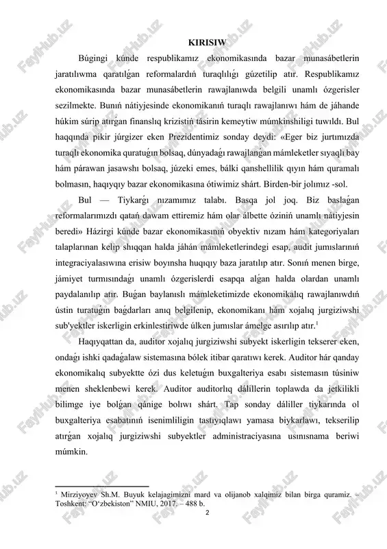 ishki qadaǵalaw sistemasına bólek itibar qaratıwı kerek. auditor hár qanday ekonomikalıq subyektte ózi dus keletuǵın buxgalteriya esabı sistemasın túsiniw menen sheklenbewi kerek. auditor auditorlıq dálillerin toplawda da jetkilikli bilimge iye bolǵan qánige bolıwı shárt. tap sonday dáliller tiykarında ol buxgalteriya esabatınıń isenimliligin tastıyıqlawı yamasa biykarlawı, tekserilip atırǵan xojalıq jurgiziwshi subyektler administraciyasına usınısnama beriwi múmkin. 1.auditorliq tekseriwin ótkeriwdi joybarlaw maqseti hám waziypalari joybarlaw audit ótkeriwdiń baslanǵısh basqıshı bolıp, auditorlıq shólkemi tárepinen audit ótkeriwdiń kútilip atırǵan kólemi, grafikleri hám múddetlerin kórsetken halda audittiń ulıwma rejesin islep shıǵıw, hám de auditorlıq shólkemi tárepinen xojalıq jurgiziwshi subyekttiń finanslıq esabatı tuwrısında qalıs hám tiykarlanǵan juwmaqtı qáliplestiriw ushın zárúr bolǵan auditorlıq tártip-dástúrlerdiń izbe-izligin, túri hám kólemin anıqlap beretuǵın auditorlıq programmasın islep shıǵıwdan ibarat esaplanadı. audittı joybarlaw auditorlıq shólkemi tárepinen audittı ótkeriwdiń ulıwma principlerine, sonıń menen birge tómendegi menshikli principlerge muwapıq ótkeriliwi kerek: 1. joybarlawdıń kompleksliligi; 2. joybarlawdıń úzliksizligi; 3. joybarlawdıń maqul túsetuǵınlıǵı. audittı joybarlawdıń kompleksliligi principi …
