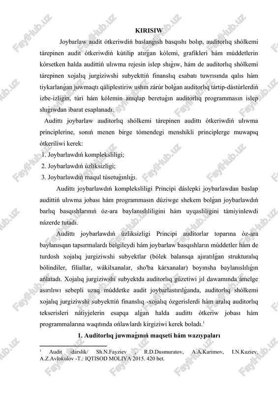 d.dusmuratov, a.a.karimov, i.n.kuziev, a.z.avlokulov -t.: iqtisod moliya 2015. 420 bet. ] 1. auditorlıq juwmaǵınıń maqseti hám wazıypaları audittı joybarlawdıń maqul túsetuǵınlıǵı principi sonnan ibarat, bunda joybarlaw processinde auditorlıq shólkemi ózi belgilegen kriteryalar tiykarında audittiń ulıwma jobası hám programmasınıń maqul túsetuǵın variantın tańlaw múmkinshiligin jaratıw ushın joybarlawdıń variantliligini támiyinlewi kerek. audittı joybarlawda auditorlıq shólkemi tómendegi tiykarǵı basqıshlardı ajıratıwı kerek: 1. dáslepki joybarlaw ; 2. audittiń ulıwma rejesin tayarlaw hám dúziw; 3. audit programmasın tayarlaw hám dúziw. búgingi kúnde respublikamız ekonomikasında bazar munasábetlerin jaratılıwma qaratılǵan reformalardıń turaqlılıǵı gúzetilip atır. respublikamız ekonomikasında bazar munasábetlerin rawajlanıwda belgili unamlı ózgerisler sezilmekte. bunıń nátiyjesinde ekonomikanıń turaqlı rawajlanıwı hám de jáhande húkim súrip atırǵan finanslıq krizistiń tásirin kemeytiw múmkinshiligi tuwıldı. bul haqqında pikir júrgizer eken prezidentimiz sonday deydi: «eger biz jurtımızda turaqlı ekonomika quratuǵın bolsaq, dúnyadaǵı rawajlanǵan mámleketler sıyaqlı bay hám párawan jasawshı bolsaq, júzeki emes, bálki qanshellilik qıyın hám quramalı bolmasın, haqıyqıy bazar ekonomikasına ótiwimiz shárt. …