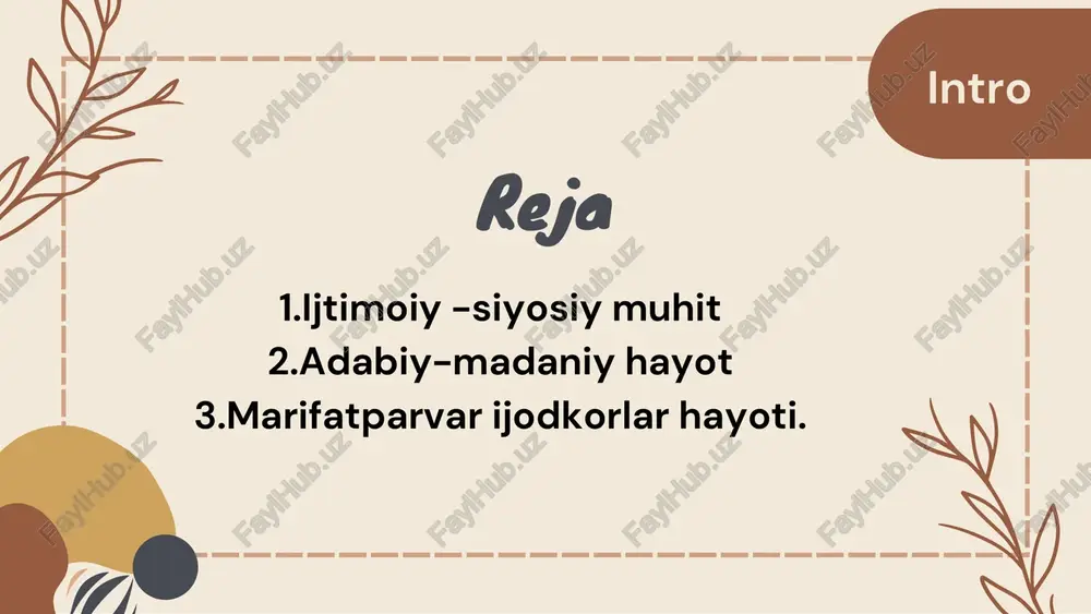 bu davrda o'zbek adabiyotida yangi mazmun va shakl kasb etib, o'zbek milliy madaniyatining shakllanishida muhim rol o'ynadi. chapter 3adabiyot va madaniyatning asosiy yo'nalishlari: jadidchilik harakati: bu davrning eng muhim hodisalaridan biri jadidchilikning yuzaga kelishi bo'ldi. jadidlar milliy ta'lim-tarbiya, madaniyat va adabiyotni isloh qilishga harakat qildilar. ular o'zbek xalqini ma'rifatli qilish, milliy uyg'onishga erishishni maqsad qilib qo'ygan edilar. chapter 4adabiyotda milliy ruhning kuchayishi: xix asr oxirida yashagan furqat, munavvarqori, hamza kabi adiblar ijodida milliy istiqlol g'oyalari, xalqqa bo'lgan muhabbat, adolatsizlikka qarshi kurash kuchli aks etdi. adabiyotda tanqidiy ruh kuchaydi. xix asr oxirida turkistonda faoliyat koʻrsatgan marifatparvar ijodkorlar (oʻzbekiston, qozogʻiston, qirgʻiziston, tojikiston, turkmaniston hududlarida) oʻz davrining ijtimoiy-siyosiy vaziyatidan kelib chiqib, jamiyatni isloh qilish, milliy madaniyat va taʼlimni rivojlantirishga bagʻishlangan ijodiy ishlari bilan tanilganlar. e'tiboringiz uchun rahmat.