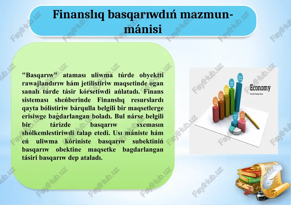 ların tártipke salıw, finans bazarın tártipke salıw, mámlekettiń qollap-quwatlaw sisteması, pensiya támiynatı sisteması, islep atırǵan xalıqtıń dáramatların tártipke salıw mexanizmi hám t.b. arqalı ámelge asırıladı. mámleket finansı, jergilikli finans hám xojalıq júrgiziwshi subektler finanslıq basqarıwdıń subekti finanslıq apparat dep atalıwshı arnawlı xizmetler bolip esaplanadı. finans basqarıw obyekti finanslıq basqarıwdıń maqseti makroekonomikalıq teń salmaqlılıqta, byudjet profisitinde, mámleket qarızınıń azayıwında, milliy valyutanıń turaqlılıǵında hám bekkemliginde hám, aqırında, mámleket hám jámiyet barlıq agzalarınıń ekonomikalıq mápleriniń birligi (birlespesinde) kóriniste bolatuģın finanslıq turaqlılıqtı hám finanslıq erkinlikti támiyinlew bolıp tabıladı. finans sistemasın uliwma basqarıw mámlekettiń joqarı hákimiyat hám basqarıw uyımları tárepinen ámelge asırıladı. ulıwma mámleketlik kólemde finanslıq basqarıw sisteması tómendegi basqarıw uyımlarınan quralıwı múmkin: finanslıq basqarıw organları hám olardıń wazıypaları prezident hám prezident devonı; oliy majlis hám qarjı, byudjet, salıq hám bank máseleleri boyınsha oliy majlis hár eki palatasınıń tiyisli komitetleri; ministrler kabineti; esap palatası; qarjı ministrligi hám onıń tómengi (orınlardaǵı), sonıń ishinde, ǵaznachilik sisteması uyımları; …
