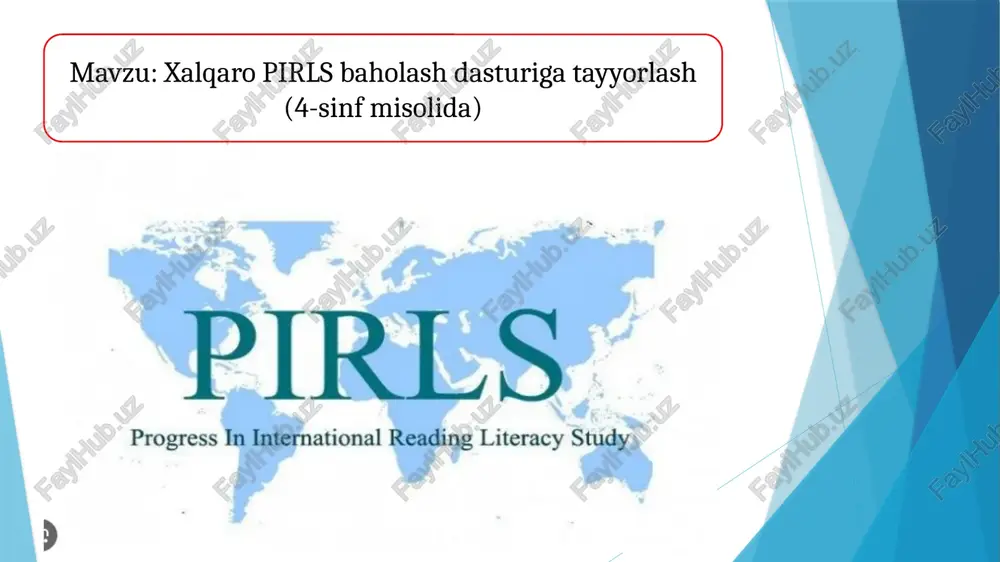 tashqari berilgan matnlarni o‘qib, uni qanchalik tushunishi va talqin qila olishi hamda fikrlarini ravon tilda yozma bayon eta olish ko‘nikmalari baholanadi. pirls, boshlang’ich sinf o’quvchilari tomonidan maktabda va maktabdan tashqarida ta’lim olishning katta qismini tashkil etuvchi, ya’ni badiiy tajriba orttirish, ma’lumot olish va undan foydalanish ko‘nikmalarini baholash kabi ikkita keng qamrovli maqsadlarni ifodalaydi. e’tiboringiz uchun rahmat! image1.png image2.png image3.png image4.png “c3 pirls xalqaro tadqiqotida matndan foydalanishning o‘ziga xos jihatlari va o‘quvchilarning ta’limiy yutuqlarini baholash xalqaro dasturiga tayyorgarlik ishlarida matn ustida ishlash usullari pirls xalqaro dasturi pirls (progress in international — — reading literacy study) xalqaro f baholash dasturi, asosan, boshlang'ich ta'limda o'gish a ns savodxonligini o'rganish va baholashga qaratilgan ‘ein a y mamlakatieniz boshlang’ich sinf o’quychilarining (4-sinf) matnal o'gish va tushunésh darajalarini solishtirish 4-sinf o'quvchilarimézning pmisde o’gish savodwondiklar! qanday ebtirok ‘qish savodxonligi bo" shakllanganiigind bilizh va rim darslar maktablarda qanday taqgoslash anne tashibl et , reverts ashkil etilgan 4-sinf o'quvchilarimizgs …
