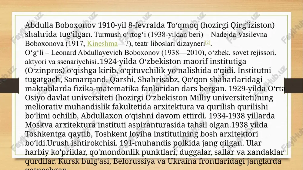 edi. ammo tog'larda yo'qolgan bu joyni inqilobiy to'lqin bosib olgach, oilaning farovon hayoti tugadi. 1920 yilning qishida boboxon sinf rahbari sifatida otib tashlandi. ona uch farzandini yo‘lda yig‘ib, toshkentga uzoq qarindoshlarinikiga yo‘l oldi...o‘shanda og‘ir kun edi ... ko‘cha bolalari oziq-ovqat, boshpana izlab shahar va qishloq yo‘llarida kezib yurardi. yangi hayot g'oyalari uchun kurashda halok bo'lganlarning ham, uning ashaddiy raqiblari bo'lganlarning ham farzandlari. yosh respublika hukumati barcha viloyatlarda maktab-internatlarni ochishga qaror qildi. 1920-yilda toshkentdagi “namuna” maktab-internati shulardan biri bo‘lib, omadli kelgan.o‘n yoshli abdulla boboxonov ham yiqildi. maktab haqiqatan ham bolalarni tarbiyalash va tarbiyalashda namunali edi. uning devorlaridan keyinchalik oʻzbekistonning mashhur olimlari, adabiyot va sanʼati arboblari (oʻzbekiston fanlar akademiyasining haqiqiy aʼzosi i.isla-) boʻlgan kishilar chiqqan.babaxonov abdulla babaxonovich (1910-1992) sssr xalq arxitektori, o‘zbekistonda xizmat ko‘rsatgan quruvchi, toshkent politexnika instituti professori. birinchi sovet oʻzbek meʼmori, oʻzbekistonda arxitektura va qurilish biznesining tashkilotchilaridan biri.- ishlar: 1.toshkentdagi 300 oʻrinli kolxoz klubining ikki qavatli binosi (1930-yillar) 2.kattaqo‘rg‘on (1940-1941) …