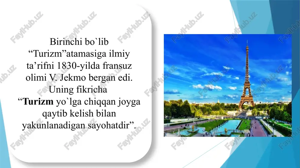 ya’ni hayvonot va tabiati bilan bog’liq hududlarni o’z ichiga oladi. yoshlar turizmi – bu turizm sohasi yaqinda kirib kelgan turizm sohalaridan biri hisoblanadi. ya’ni yoshlarni jisplashtiradigan va ularni bir yuksak tarixiy qadriyat asosida tarbiyalashga xizmat qiladigan soha hisoblanadi. sport turizmi – eng qiziqarli yoki ekstrimal soha deb ham aytiladi. bu sohaga ham juda qiziqish katta. ziyorat turizmi – hozirgi kunning eng istiqbolli yoki umuman turizm sohasining bir drayveriga yoki iqtisodiyotimizni lakamativiga aylanib borayotgan soha hisoblanadi. dunyoda “ziyorat turizmi “- “diniy turizm”, deb ham aytiladi. keng tushuncha sifatida o’rganiladi. diniy turizm axborat beruvchi ekskursion yo`nalishdagi diniy turizm ziyorat turizmi ziyorat turizm – turli dinga e’tiqod qiluvchilarning muqaddas joylarga gunohlarini kechirilishi, ruhiy va jismoniy kasalliklardan davolanish, maxsus “xayrli tuhfalar” (donishmandlik, ishonch, umid, muhabbat)ga ega bo’lish maqsadidagi ma’naviy va diniy sayohatidir. axborat ekskursion diniy turizm - esa diniy markazlar, tarixiy, me’moriy-ma’naviy ahamiyatga ega masjidlar va ibodatxonalar, muzey va ko’rgazmalarga tashrif buyurishni o’z ichiga …