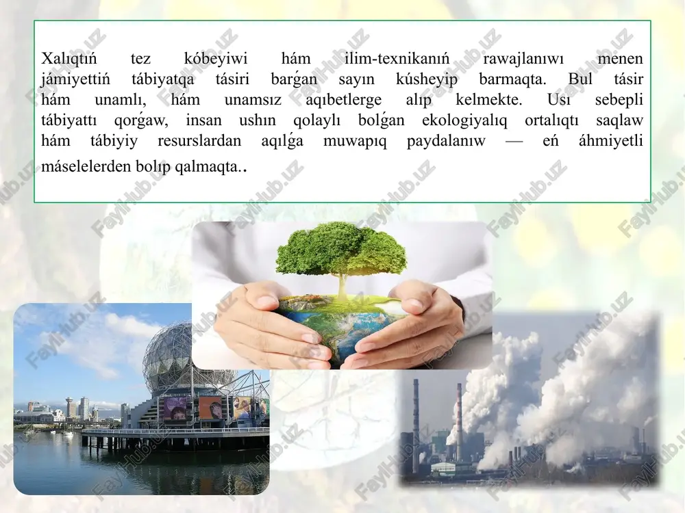 n shólkemlestiriledi hám tábiyattı qorǵawdıń arnawlı rejimi menen saqlanadı. milliy baǵlar sırt ellerde aymaqlardı qorǵawdıń tiykarǵı forması bolıp esaplanadı. «milliy» sózi bul aymaqtıń jeke múlki emes, al pútkil milletke qaraslı ekenligin bildiredi hám qorǵaw ilajları mámleket tárepinen ámelge asırıladı. milliy baǵdıń aymaǵı paydalanıw hám qorǵaw rejimi túrlishe bolǵan maydanlarǵa – zonalar (qorıqxana, zakaznik, tábiyat estelikleri, dem alıw zonası hám basqalar)ǵa bólip qoyıladı. solay etip, tábiyiy baǵlardı shólkemlestiriwde baǵdıń maydanı, tábiyiy sharayatın (relyef, ósimlik) esapqa alıw zárúr. bul bolsa baǵdıń tábiyiy landshaftların uzaq múddet saqlawǵa imkan beredi. respublikamızda 3 milliy baǵ shólkemlestirilgen. bular: ugom — chatqal, zamin mámleketlik milliy tábiyat baǵları hám de durman tábiyat baǵı. qorıqxana — hárqanday xojalıq iskerligi qadaǵan etilgen, tábiyat komponentleri hám landshaftlar nızam tiykarında qorǵalatuǵın orın. qorıqxana tábiyattı qorǵawdıń eń nátiyjeli formalarınan biri. óz aldına qorǵalatuǵın aymaqlar arasında qorıqxanalar áhmiyetli rol oynaydı. olardıń tiykarǵı wazıypası — tábiyatı ózgermegen yamasa kem ózgergen aymaqlardı, bahalı landshaftlardı jámiyet mápleri …