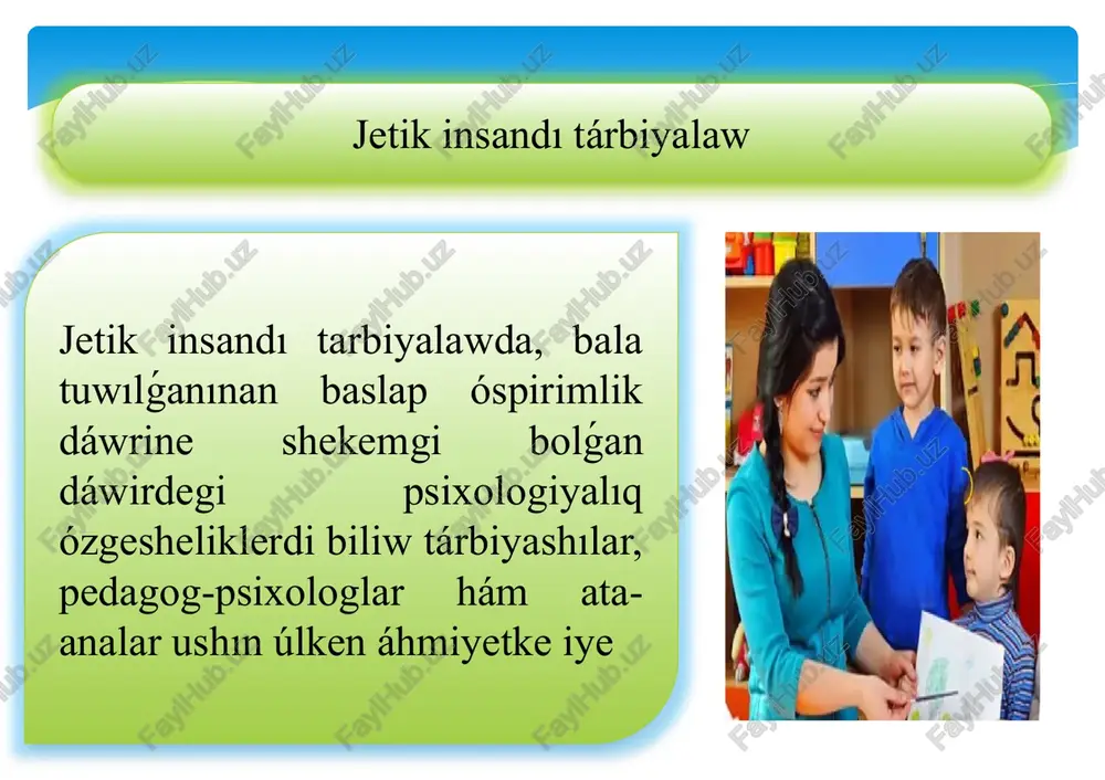 hám jeke qatnas principi psixologiyalıq rawajlanıw nızamlıqları hár bir balada jeke hám ayriqsha ózgeshelikler menen rawajlanadı. balalardıń jas dáwirlerine qaray sóylew tili rawajlanad baslaydı, júre baslaydı, predmetler menen háreketlene baslaydı, bıraq bul ózgerisler birdey dárejede bolmaydı. bul óz gezeginde balalardıń psixologiyalıq rawajlanıw ózgeshelilgine baylanıslı boladı. kompleksi izbe-izlik principi arqalı balaǵa bir márte ótkerilgen tájriybe balanıń psixikalıq rawajlanıwı haqqında tolıq maǵlıwmat bermeydi. sebebi balanı hár tárepleme úyrenip, alınǵan nátiyjelerdi analizlep, salıstırıw hám anıqlastırıw arqalı ulıwma juwmaq shıǵarıwǵa boladı. 8 obyektivlik principi izertlewshiden maǵlıwmatlar menen analizin aralastırıp jibermewdi talap etedi. máselen shınıǵıw dawamında bala aynadan sırtqa qarap turǵan edi dep aytńlsa bul hádiyse haqqındaǵı maǵlıwmat bolıp esaplanadı. biraq bala itibarsız dep aytıw hádiyseniń analizi esaplanadı. sebeplilik principi bul bala shaxsı hám sanasında jańa q.siyetlerdi payda bolıwın támiynlewshi barlıq shárt sharayatlar hám faktorlardıń múmkinshiligi bolǵanınsha úyreniwdi talap etedi. máselen shınıǵıw dawamında bala tez tez ayna tárepke qaraǵan bolsa bul hádiyseniń ilaji barinsha sebebin …