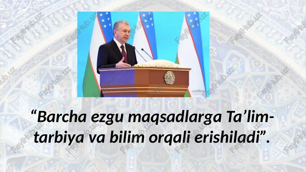 nini ko‘ramiz. ilm ma'rifatsiz biror bir jamiyat yoxud davlatchilik tuzumi taraqqiy etmagan, farovonlikka yuz tutmagan. “biz ustozni otaday ulug‘ deb bilgan, doimo ardoqlagan ma'rifatparvar xalqning vakillarimiz. men ham o‘qituvchi, muallim deganda o‘zim uchun eng aziz va hurmatli bo‘lgan, ziyoli va zamonaviy, samimiy va mehribon insonlarni tasavvur qilaman. chunki hammamizga ham shu muallim saboq va ta'lim berib, mehribon ota-onalarimiz qatorida tarbiyalagan, – dedi davlat rahbari yig‘ilish avvalida. – bugungi kunda o‘zbekistonning yangi taraqqiyot davri poydevorini yaratyapmiz. bunda bizning eng yaqin ko‘makchilarimiz ustoz va murabbiylar, ilmiy va ijodkor ziyolilardir”. shavkat mirziyoyev najot – tarbiyada “tarbiya - biz uchun yo hayot - yo mamot, yo najot - yo halokat, yo saodat - yo falokat masalasidir” abdulla avloniy taraqqiyotning tamal toshi ham, mamlakatni qudratli, millatni buyuk qiladigan kuch ham ilm-fan, ta'lim va tarbiyadir. hozirgi jadal taraqqiyot, globallashuv jarayonlari yangi o‘zbekiston oldiga uning nurli kelajagini ta'minlaydigan, hayot sinovlarini munosib yengib o‘ta oladigan barkamol avlodni voyaga …