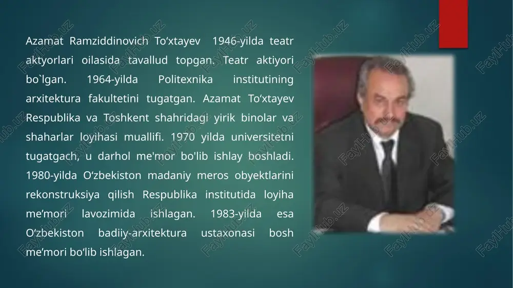 bankining muhtasham binolarini, toshkent shahrida bunyod etilgan hukumat va boshqa inshootlarning loyihalarini tuzdi va ularning qurilishiga bosh-qosh bo‘ldi. 1991 yilda «o‘zbekiston respublikasida xizmat ko‘rsatgan me'mor» faxriy unvoniga erishdi. ayniqsa, uning ijodi mustaqillik yillarida barq urib rivojlandi. bu davrda poytaxtimizdagi «akvapark» va «biznes-markaz», «interkontinental» mehmonxonasi, o‘zbekiston respublikasi milliy bankining muhtasham binolarini, toshkent shahrida bunyod etilgan hukumat va boshqa inshootlarning loyihalarini tuzdi va ularning qurilishiga bosh-qosh bo‘ldi. 1991 yilda «o‘zbekiston respublikasida xizmat ko‘rsatgan me'mor» faxriy unvoniga erishdi. 1996 yilda u o‘zbekiston badiiy akademiyasining akademikligiga, sharq mamlakatlari xalqaro arxitektura akademiyasining haqiqiy a’zoligiga saylandi. o‘zbekiston davlat qurilish va me'morchilik qo‘mitasi raisi etib tayinlangan. oʻzbekistondagi birinchi besh yulduzli mehmonxona. toshkentdagi amir temur koʻchasida joylashgan. xalqaro savdo- koʻrgazma majmuasi tarkibida. milliy va eng zamonaviy meʼmoriy uslubda qurilgan (1996, bosh meʼmori a. toʻxtayev). 16 qavatli, 246 xonadan iborat. amir temur nomidagi konferensiya zali va billurli katta zali mavjud. qurilishida 27 xorijiy firma ishtirok etgan. bosh pudratchisi turkiyaning …