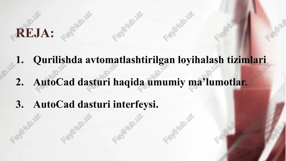 etilgan kompyuter yordamida yaratilgan dizayn tizimi. dasturiy ta'minot juda katta imkoniyatlarga va quyidagi bo'limlarga mo'ljallangan turli xil bo'limlarga ega: 09:11:01 29.04.2022 arxitektura dizayn xarajatlar smetasi va smeta; qurilish hajmi; binolarning muhandislik tizimlari; metall konstruktsiyalar; temir-beton konstruktsiyalari. allplan turli xil bo'limlarga ega: 2. autodesk revit, bu bino ma'lumotlarini modellashtirish (bim) printsipini amalga oshiradigan kompyuter yordamida dizayn uchun dasturiy ta'minot to'plami. arxitektorlar, yuk ko'taruvchi tuzilmalar va muhandislik tizimlari dizaynerlari uchun mo'ljallangan. 09:11:01 29.04.2022 solidworks - bu sanoat korxonalari ishini avtomatlashtirish uchun ishlab chiqarishni loyihalash va texnologik tayyorlash dasturiy vosita hisoblanadi. har qanday darajadagi murakkab uch o’lchamli obyektlar ustida ishlashni ta'minlaydi. i. qurilishda avtomatlashtirilgan loyihalash tizimlari sketchup - nisbatan oddiy uch o'lchovli ob'ektlarni - binolar, mebellar, intererlarni modellashtirish uchun dasturiy vosita hisoblanadi. i. qurilishda avtomatlashtirilgan loyihalash tizimlari freecad - bu umumiy maqsadli ko’b hossalarga ega ochiq manbali avtomatlashtirilgan loyihalash tizimi. i. qurilishda avtomatlashtirilgan loyihalash tizimlari archicad - bu grafisoft tomonidan yaratilgan axborotni modellashtirish …