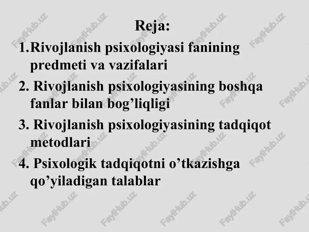 lar psixologiyasi gerontopsixologiya ( qarilik )psixologiyasi rivojlanish psixologiyasining umumiy vazifalari psixik jarayonlarning, bilimlarning o’zlashtirishning yosh imkoniyatlarini tadqiq qilish. shaxs rivojlanishining muhim omillarini o’rganish psixik taraqqiyotning umumiy qonuniyatlarini hamda bosqichlarini tadqiq etish har bir yoshning psixologik va individual xususiyatlarini o’rganadi * rivojlanish psixologiyasining nazariy vazifalari: - insonning butun hayot yo‘li davomida psixik rivojlanishiga ta’sir etuvchi va harakatga keltiruvchi kuchlar, mexanizmlarni o‘rganish; - ontogenezda psixik rivojlanishni davrlashtirish; - psixik rivojlanish davomida yosh xususiyatlari, rivojlanish qonuniyatlari va bilish jarayonlarini o‘rganish; - ma’lum tarixiy davrda shaxs rivojlanishi hamda shaxs sifatida shakllanishini tadqiq etish. rivojlanish psixologiyasining amaliy vazifalari: - insonning psixik funksiyalarining yosh davriga mos me’yorlarni va ijodiy qobiliyatning mavjudligini aniqlash; - psixologik rivojlanishda bolaning rivojlanishi, psixologik salomatligini nazorat qilish va tizimlashtirish; - yosh va tibbiy diagnostika; - inson hayotining inqirozli davrlarida yordamni amalga oshirish. rivojlanish psixologiyasining boshqa fanlar bilan bog’liqligi pedagogika va rivojlanish psixologiyasi- pedagogika ta’lim va tarbiya qonunlari, metod va usullari haqidagi fan. …