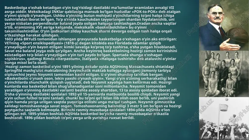 ha. neysmit tomonidan yaratilgan o‘yinning dastlabki varianti beshta asosiy shartdan, 13 ta asosiy qoidadan iborat edi. o‘sha o‘yinning dastlabki qoidalari 1892-yil 15-yanvarda matbuotda bosilib chiqdi. neysmit yangi o‘yin uchun futbol to‘pini tanladi, chunki bu to‘pni qo‘l bilan ilib olish oson bo‘lib, uni yashirish qiyin hamda yerga urilgan vaqtda yuqoriga otilishi unga ma'qul tushgan. neysmit gimnastika zalidagi tomoshaxonaga savat osgan. tomoshaxonaning balandligi 3 metr 5 sm bo‘lgan va hozirgi paytgacha saqlanib kelmoqda. birinchi rasmiy musobaqa qoidalari 1894-yilda aqshda e‘lon qilingan edi. 1895-yildan boshlab aqshda basketbol bo‘yicha rasmiy musobaqalar o‘tkazila boshlandi. 1896-yildan boshlab to‘pni yerga urib yurishga ruxsat berildi. basketbol o‘yinining tarixida buyuk voqea bo‘lib 1932-yilning 18-iyun kuni hisoblanadi-shu kuni xalqaro basketbol federasiyasi (xbf-fiba) tashkil topadi. sakkiz milliy federasiyalarning vakillari-argentina, gretsiya, italiya, latviya, portugaliya, ruminiya, shvetsariya va chexoslovakiya birinchi xalqaro anjumanda qatnashib, bir ovozdan xalqaro basketbol federatsiyasini tashkil qilinishini va muqobillashgan qoidalarining qabul qilinishini qo‘llab-quvvatlashadi. fibaning ustavi 1932-yilda rim shahrida qabul qilingan …