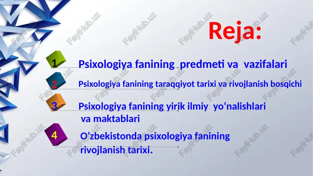 hga erishdi. fan taraqqiyotida umuman xix-asrdagi eksperimentlar alohida ahamiyat kasb etdi. bu davrda psixologik real voqelikni oʻrganish uchun metodlar majmu-asi qoʻllana boshlandi: kuzatish, lab. eksperimenti, tabiiy eksperiment, faoliyat natijasini tahlil qilish, ruhiy jarayonlarni modellashtirish genetik metodi, test, ekspert baholash, intervyu, anketa, soʻrovnoma, tarjimai hol va h.k. xix-asr oxiri xx-asr boshlarida qator psixologik ilmiy maktablar, yoʻnalishlar vujudga keldi: bixeviorizm, geshtaltpsixologiya, personalizm, freydizm va h.k. fanning rivojiga i. m. sechenov (psixikaning reflektor tabiati), i. p. pavlov (oliy nerv faoliyati) taʼlimotlari muhim hissa boʻlib qoʻshildi. rossiyada v. m. bexterev eksperimental lab. (qozon, 1885), harkov universiteti va n. n. langening odessadagi lab., g.chelpanovning kiyevdagi, s. korsa-kovning moskvadagi, keyinchalik v. m. bexterev, a. lazurskiy, a. nechayevlarning peterburgdagi, v. chijning yuryev (tartu, estoniya)dagi eksperimen-tal lab. lari p. taraqqiyotiga alohida taʼsir oʻtkazdi bilish faoliyatlari bilish jarayonlari shaxsning, hissiy, irodaviy sohasi shahsning individual psixologik hususiyatlari psihikaning paydo bo'lishining asosiy shakllari m.gamezo va domashenkolarning “atlas po psihologii” nomli qo'llanmasida …