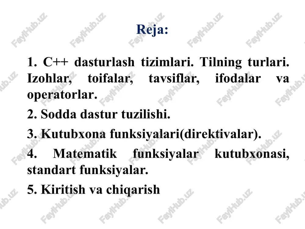gacha) char – belgi, character (1 baytgacha) acm.tuit.uz/forum * char – bitta simvol; long char – uzun simvol; int – butun son; short yoki short int – qisqa butun son; long yoki long int – uzun butun son; float haqiqiy son; long float yoki double – ikkilangan haqiqiy son; long double – uzun ikkilangan haqiqiy son. o'zgaruvchi tiplari * butun sonlar ta'riflanganda ko'rilgan tiplar oldiga unsigned (ishorasiz) ta'rifi qo'shilishi mumkin. bu ta'rif qo'shilgan butun sonlar ustida amallar mod 2n arifmetikasiga asoslangandir. bu erda n soni int tipi xotirada egallovchi razryadlar sonidir. agar ishoraciz k soni uzunligi int soni razryadlar sonidan uzun bo'lsa, bu son qiymati k mod 2n ga teng bo'ladi. ishorasiz k son uchun ga –k amali 2n–k formula asosida hisoblanadi. ishorali, ya'ni signed tipidagi sonlarning eng katta razryadi son ishorasini ko'rsatish uchun ishlatilsa unsigned (ishorasiz) tipdagi sonlarda bu razryad sonni tasvirlash uchun ishlatiladi. * konstanta(o'zgarmas)lar konstanta - o'zgartirish …
