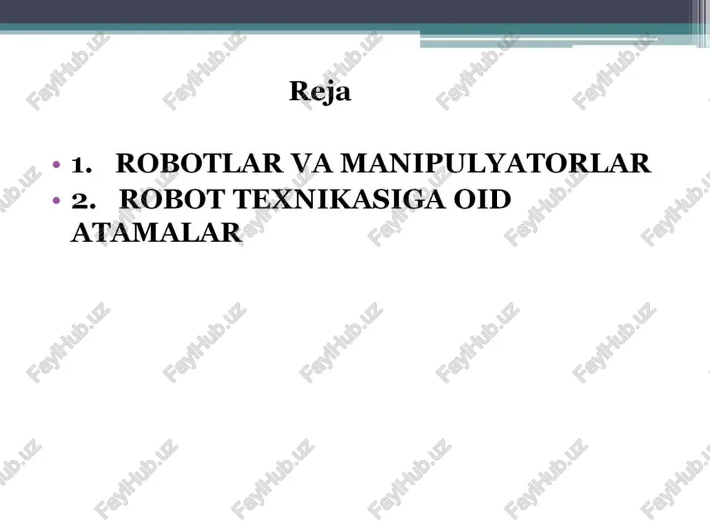 a mo ljallangan qayta dasturlanuvchi avtomatik manipulyator. ¢ robototexnik tizim deb, — texnl er tizimga aytiladiki, unda energiya, massa va axborotlar bilan bog’liq o’zgartirishlar va alogalar sanoat robotlaridan foydalanilgan holda aks etadi. ¢ sanoat robotlari tomonidan o’rnini bosa oladigan funksiyalari va ular bajara oladigan operatsiyalarga ko’ra robotlashtirilgan texnologik majmua va robotlashtirilgan ishlab chigarish majmualari farqlanadi. ¢ sanoat robotining ijro qurilmasi = robotning harakat funksiyalarini bajaruvchi qurilma. uning tarkibiga manipulyator (m) va boshqarish qurilmasi (bq) kiradi. ¢ sanoat roboti manipulyatorining ishchi a°zosi (organi) — robotning tashqi muhit bilan bevosita o’zaro alogasini amalga oshiruvchi qurilma bollib, odatda gisqichlash qurilmasi yoki ishchi asbobni bildiradi. ¢ srning boshqarish qurilmasi - berilgan programmaga ko’ra ijro qurilmasiga boshgaruvchi ta*sirlarni shakllantirish va chigarib berish uchun mo’ ljallangan. * srning o'lchov qurilmasi - boshgarish qurilmasi uchun robot va tashqi muhit holatlariga oid informatsiya yig ishni amalga oshiradi. wmat ko rsatuvcni sanoa = o'tish va transport operatsiyalarni bajaruvchi robotdir. …
