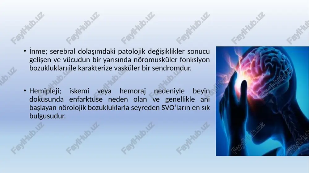 k serebral enfarkt oluşturmayan inme benzeri olaylara denir. semptomlar; ani başlar, saniye ile dakikalar arası bir zamanda tam düzelme görülür. klinik belirtiler tipik olarak 5-15 dakika sürer. tromboli̇ti̇k i̇nme i̇skemik svo'ların %40'ı genelde geniş kan damarlarının (karotid ve orta serebral arterler) klinik tablo genellikle yavaş olabilir saatler içinde ilerleme gösterir ve yerleşir. genellikle olay gece meydana gelir. emboli̇k i̇nme svo'ların %30‘u genellikle plateletler, kolesterol veya arter duvarındaki diğer hematojen materyallerden kaynak alır veya kardiak kökenli olabilir. ani başlangıç gösterir. genellikle distal ve küçük kortikal damarları etkiler. laküner i̇nme svo'ların %20'si 1 cm3‘ten küçük lezyon sahalarıdır. geniş damarlarla doğrudan ilişkili küçük perfore dalları etkiler. hipertansif ve diyabetli yaşlılarda görülür. prognoz iyidir (%85 geri dönüş) hemoraji̇k i̇nme svo‘ların %15‘i bozukluklar ani başlangıçlıdır, ancak kanama dakikalar ve saatler boyu sürebilir. beyin dokusu içine ani bir kanama olmasıyla oluşur. en önemli etyolojik faktör hipertansiyondur. başlangıç mortalite oranı %50-70‘dir. i̇skemik inmeye göre; daha enderdir. prognoz …