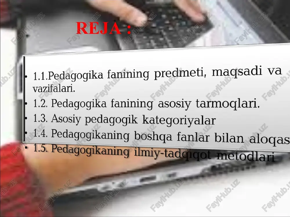 ; pedagogika-tarbiyashunoslik qoida, qonunlarni ilg’or tajribalar asosida boyitib borish va yangi ish shakllarini izlashga tadbirlar belgilash; uzluksiz ta’lim tizimini yanada rivojlashtirish muammolarini hal kilish; “kadrlar tayyorlash milliy dasturi” ni amalga oshirish. pedagogika fanining vazifalari: sharq va g’arbda xalq yaratgan xalq og’zaki ijodiyoti, pedagogikasi, mutafakkir, ma’rifatparvar, pedagog va olimlarning tarbiyashunoslikka doir ilg’or goyalarini urganib, taxlil kilib, komil insonni tarbiyalash jarayonini o’rganish; komil insonni tarkib toptirishning qonuniyat, qoida va zaruriy sifatlarini aniklash; pedagogikadagi ta’lim-tarbiya nazariyasini hozirgi darv xususiy metodikasi bilan o’zviylik muammolarini ishlab chiqish va yangi pedagogik texnologiya qonunlariga amal kilish; hozirgi kunda pedagogikani asosiy tarmoklari sifatida kuyidagilarni keltirib o’tamiz. yosh davrlari pedagogikasi mazkur guruhlar bilan olib boriladigan tarbiyaviy-tashqiliy ishlarning qonuniyligini tadqiq etadi hamda eng avvalo ularni tarbiyalanuvchilarning o’quv muassasalari shart-sharoitlarida amalga oshirish dasturini ishlab chiqadi. katta yoshdagilar pedagogikasida oliy o’quv yurti shart-sharoitlarida yoshlarni tarbiyalashning nazariy masalalari va metodikasini ishlab chiqadigan pedagogika tarmog’i sifatida oliy o’quv yurti pedagogikasining shakllanayotganligi, uning aniqlashib borayotganligi …