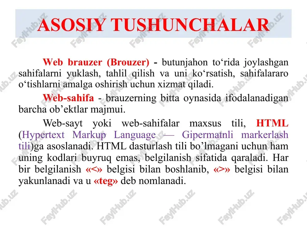 i tana qismi birinchisi - . u hujjat xml, xhtml yoki butunlay boshqa tilda emas, aynan htmlda yozilganligini anglatadi. u shuningdek html hujjatning html 5 talqinida yozilganini ham anglatadi. html hujjatning umumiy tuzilishi ikkinchisi - bosh qismi. u head tegi ichida yoziladi va hujjatni shakllantirish uchun kerakli ma’lumotlarni o’zida jamlaydi. unda hujjat qanday kodlamada ekanligi, nishonchasi, sarlavhasi hamda unga qo’shimcha yuklanadigan fayllar ro’yxati va boshqa muhim ma’lumotlar yoziladi. har bir qo’shimcha ko’rsatilgan fayl yuklanib bo’lishi bilan ishga tushadi, ya’ni undagi kodlar taxlil qilinib akslantiriladi. shuning uchun ham bosh qismida brauzerda ko’rinuvchi ifodalar yozib bo’lmaydi deya olmaymiz. ammo bunday yozish tavsiya etilmaydi. html hujjatning umumiy tuzilishi html hujjatning umumiy tuzilishi html hujjatning umumiy tuzilishi html hujjatning umumiy tuzilishi ikkinchisi - bosh qismi. u head tegi ichida yoziladi va hujjatni shakllantirish uchun kerakli ma’lumotlarni o’zida jamlaydi. unda hujjat qanday kodlamada ekanligi, nishonchasi, sarlavhasi hamda unga qo’shimcha yuklanadigan fayllar ro’yxati va boshqa muhim …