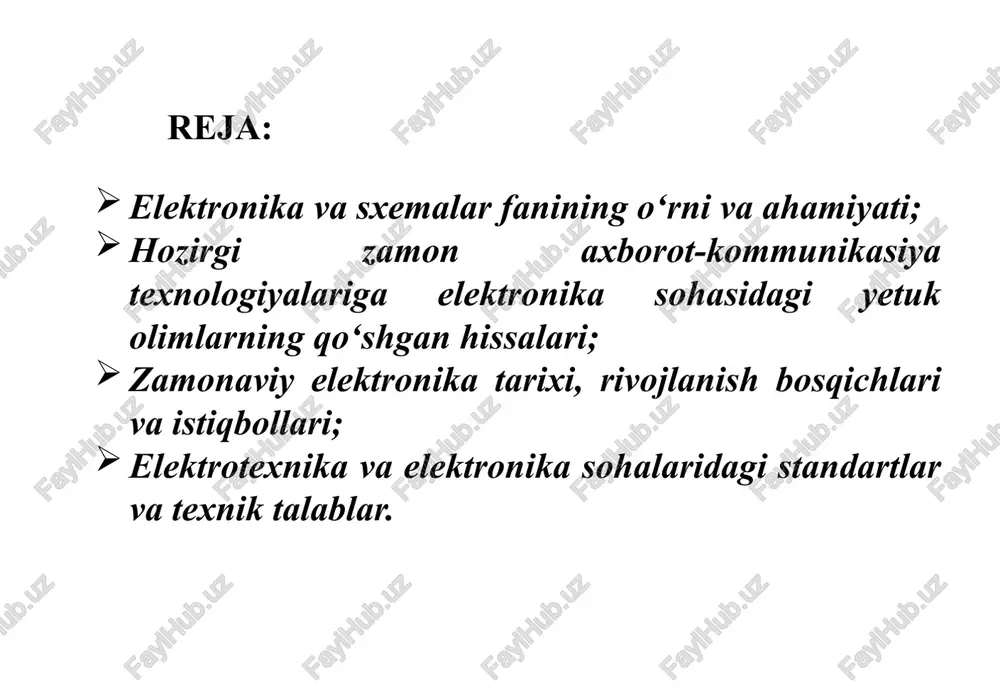 toshmatov sh.t. raqamli mantiqiy qurilmalarni loyihalashtitish (darslik). toshkent .: «aloqachi», 2017y,396b. “telekommunikatsiya” tarmoqlarining shiddat bilan rivojlanib borishi, internet tarmog`ining hayotimizga kirib kelishi ilm-fan rivojiga katta ta’sir qildi. internet tarmoqlari orqali axborotlarni jadal suratda: axborotlarni uzatish; qabul qilish; qayta ishlash; xotiraga saqlash imkoniyati yaratilmoqda; ushbu murakkab qurilmalar elektrotexnik va elektron sxemalardan tashkil topgan. texnik uskunalarni yaratish; ishlatish; borayotgan jarayonni o‘rganish; elektr zanjirlarni tahlil etish; ushbu jarayonlarni hammasi ushbu fan orqali o‘rganiladi elektronika va sxemalar 1 fani elektronika va sxemalar 1 fanining maqsad va vazifalari fanni o‘qitishdan maqsadi - axborot va kommunikasiya texnologiyalarida ishlatiladigan sxemalar va elektron asboblar turlarini, xarakteristikalarini, ularning tuzilishi, ishlash mexanizimlari va ular yordamida yaratiladigan murakkab qurilmalarning texnologik va sxemotexnik xususiyatlarini o‘rganish masalalarini hamda ularni amaliyotda tatbiq etish ko‘nikmasini hosil qilishdan iborat. fanning vazifalari professional tayyorgarlikni ta’minlash, talabalarda elektr zanjirlari va elektronika nazariy asoslarini bo‘yicha bilimlarini oshirish; egallagan bilimlari muxandislik amalyotida qo`llash qobiliyatiga ega bo`lishni shakllantirish. kursning asosiy bo‘limlari …