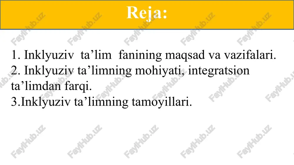 h ota-onasining yoki boshqa qonuniy vakillarining roziligi bilan tibbiy-psixologik-pedagogik komissiyaning xulosasiga binoan amalga oshiriladi. 7 maqsad va vazifalari: o‘quvchilarning ta'limdagi tenglik huquqini kafolatlash ushbu ta'limning maqsadi va vazifalari: ta'lim muassasasida imkoniyati cheklangan bolalar va o‘smirlarning ta'lim olishlari uchun zaruriy psixologo-pedagogik, kooreksion sharoitlarni yaratish, ularning imkoniyatiga yo‘naltirilgan umumta'lim dasturlari va korreksion ishlarni amalga oshirish orqali ruhiy rivojlanishi, ijtimoiy moslashtirishni amalga oshirish; o‘quvchilarning ta'limdagi tenglik huquqini kafolatlash; jamiyatning va oilaning faol ishtirokida nogiron va sog‘lom bolalarning ehtiyojlarini qondirish, ijtimoiy hayotga erta moslashtirish; imkoniyati cheklangan bolalar va o‘smirlarni oilalardan ajralmagan holda yashash huquqini ro‘yobga chiqarish; jamiyatda imkoniyati cheklangan bolalar va o‘smirlarga nisbatan do‘stona va mehr-muhabbatli munosabatni shakllantirish kabilardir. bola bu qanday imkoniyatga ega bo‘lishidan qat'iy nazar har doim kattalar yordamiga muhtoj farzanddir. uni alohidalash yoki alohida nom bilan “anamal bolalar”, ((ko‘r bolalar), (kar bolalar) va xakozo tushunchalar bilan ajratib ko‘rsatish insonparvarlik nuqtai nazariga to‘g‘ri kelmaydi. ushbu tushunchalar imkoniyati cheklangan bolalar va o‘smirlarning huquqlarini …