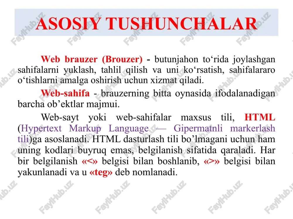 i tana qismi birinchisi - . u hujjat xml, xhtml yoki butunlay boshqa tilda emas, aynan htmlda yozilganligini anglatadi. u shuningdek html hujjatning html 5 talqinida yozilganini ham anglatadi. html hujjatning umumiy tuzilishi ikkinchisi - bosh qismi. u head tegi ichida yoziladi va hujjatni shakllantirish uchun kerakli ma’lumotlarni o’zida jamlaydi. unda hujjat qanday kodlamada ekanligi, nishonchasi, sarlavhasi hamda unga qo’shimcha yuklanadigan fayllar ro’yxati va boshqa muhim ma’lumotlar yoziladi. har bir qo’shimcha ko’rsatilgan fayl yuklanib bo’lishi bilan ishga tushadi, ya’ni undagi kodlar taxlil qilinib akslantiriladi. shuning uchun ham bosh qismida brauzerda ko’rinuvchi ifodalar yozib bo’lmaydi deya olmaymiz. ammo bunday yozish tavsiya etilmaydi. html hujjatning umumiy tuzilishi html hujjatning umumiy tuzilishi html hujjatning umumiy tuzilishi html hujjatning umumiy tuzilishi ikkinchisi - bosh qismi. u head tegi ichida yoziladi va hujjatni shakllantirish uchun kerakli ma’lumotlarni o’zida jamlaydi. unda hujjat qanday kodlamada ekanligi, nishonchasi, sarlavhasi hamda unga qo’shimcha yuklanadigan fayllar ro’yxati va boshqa muhim …