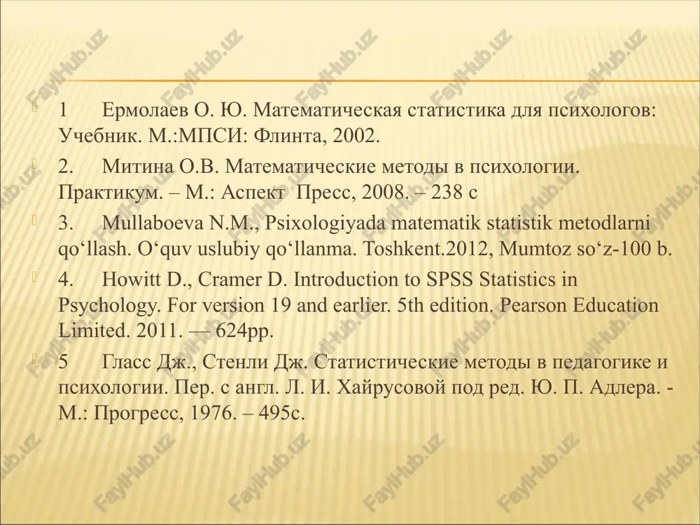 o'zi va na qatnashchilar intellekt tushunchasini ta'riflab bera olmaganlar. bunday munozaralar psixologik fanlar uchun ham qatnashchilar uchun ham foydali hisoblangan. falsafiy, psixologik va pedagogik fanlarda miqdor va sifat darajalari. psixologlarning matematik metodlarga yondoshuvi va matematiklarning psixologik bilimlarga bo'lgan qiziqishlari psixologik muammolarning echimini matematik yo'llar bilan topish ancha yillar oldin ishlatilgan. bir necha marotaba psixologiyani normal eksperimental fan sifatida talqin qilish holati bo'lgan. psixologiyani ishlab chiqqan olimlar o'zlarida fizika o'xshash o'lchovlarni bo'lishi xohlashgan. 1882 yilda i.f.gerbart londondagi qirollik akademiyasida «psixologiya fanida matematik metodlarni qo'llashning zarurati» mavzusida ma'ruza bilan chiqdi. bu ma'ruzada umumiy metodologik holatlardan tashqari, matematik metodlarni psixologiyadagi zarurati haqida ham so'z yuritilgan, muallif tomonidan men kontseptsiyasining matematik modellari tavsiya qilingan. gerbartning shogirdi m.f.drobish 1850 yilda «matematik psixologiyaning o'rganish asoslari» nomli kitobini nashr qildirdi. birinchi matematik psixologiyalar psixofizika sohasida ishlatilgan (g.fexner, v.vundt, f.galton) bu materiallarda o'lchovlar orasidagi qo'zg'aluvchilar o'rtasidagi farqlar (ob'ektiv stimullar), o'zgaruvchan reaktsiyalarning farqlarini o'rgangan (sub'ektiv sezgilar), psiometrikada ham matematik …