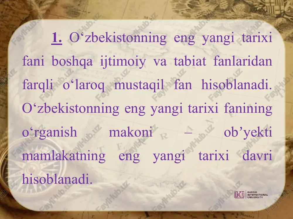 bekiston respublikasi birinchi prezidenti i.a.karimovning 1996-yil 13-dekabrdagi farmoniga ko‘ra – o‘zbekistonning yangi tarixini tayyorlash va nashr qilish haqida qaror qabul qilindi. 1998-yilda chop etilgan “tarixiy xotirasiz kelajak yo‘q” risolasida tarix fanining qator dolzarb masalalariga eʼtibor qaratildi. 2017-yil 30-iyunda prezident sh.m.mirziyoyev imzosi ostida o‘zbekiston respublikasi fanlar akademiyasi huzurida o‘zbekistonning eng yangi tarixi bo‘yicha jamoatchilik kengashini tuzish to‘g‘risida”gi qaror qabul qilindi. a.sagdullaevning fikricha, markaziy osiyo tarixining eng qadimgi davri bir necha yuz ming yillarni o‘z ichiga oladi. a.asqarovning fikricha, o‘zbekiston tarixi jahon tarixining tarkibiy qismidir. o’zbekiston tarixining davlashtirilishi ilk o’rta asrlar davri qadimgi davr (ibtidoiy davr) eng yangi davr rivojlangan o’rta asrlar davri xonliklar davri sovetlar davri mustaqillik davri o‘zbekistonning eng yangi tarixi” o‘quv fanining predmeti, maqsadi va vazifalari, nazariy-metodologik tamoyillari <i karshi i} international university fe’ tiboringiz uchun rahmat!