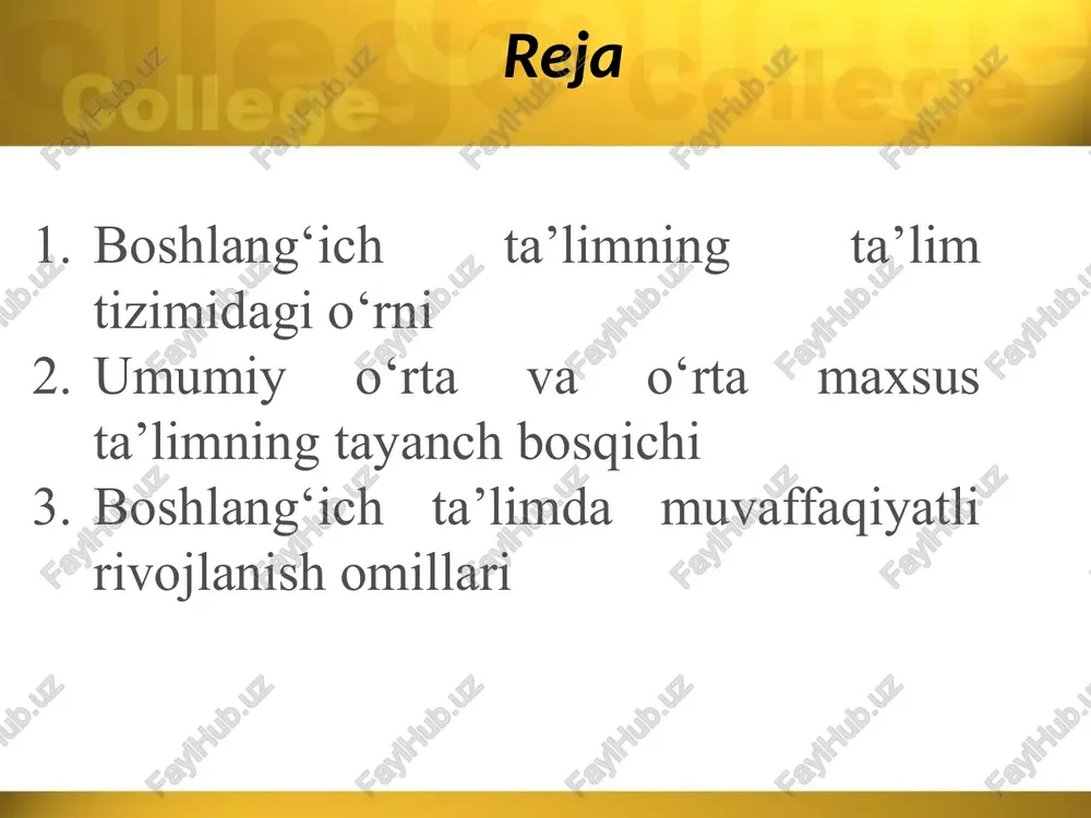 m tizimining poydevori. bu davrda ta’lim muhitini to‘g‘ri tashkil etish, o‘quvchilarni bilim va ma'naviyatga yo‘naltirish muhimdir. yaxshi ta’lim muhitida shakllangan shaxs o‘zining jamiyatdagi o‘rnini mustahkamlashga yordam beradi. adabiyotlar xasanov, a. (2015). pedagogika asoslari. toshkent: fan va texnologiya.shayxov, m. (2019). boshlang‘ich ta’lim metodikasi. toshkent: o‘zbekiston respublikasi oliy va o‘rta maxsus ta’lim vazirligi.yunusov, z. (2020). pedagogik psixologiya: boshlang‘ich ta’lim muhitida o‘quvchi shaxsini rivojlantirish. toshkent: o‘zbekiston milliy universiteti.mustafaev, n. (2018). ta'limda innovatsiyalar va yangi pedagogik texnologiyalar. toshkent: o‘zbekiston yozuvchilar uyushmasi. image2.jpeg image3.jpeg image4.jpeg image5.jpeg image6.jpeg image7.jpeg image1.jpeg /docprops/thumbnail.jpeg umumiy otta va orta maxie taleining tayanch bogqicel fatioa, boselangicr ta'uimiy ubt