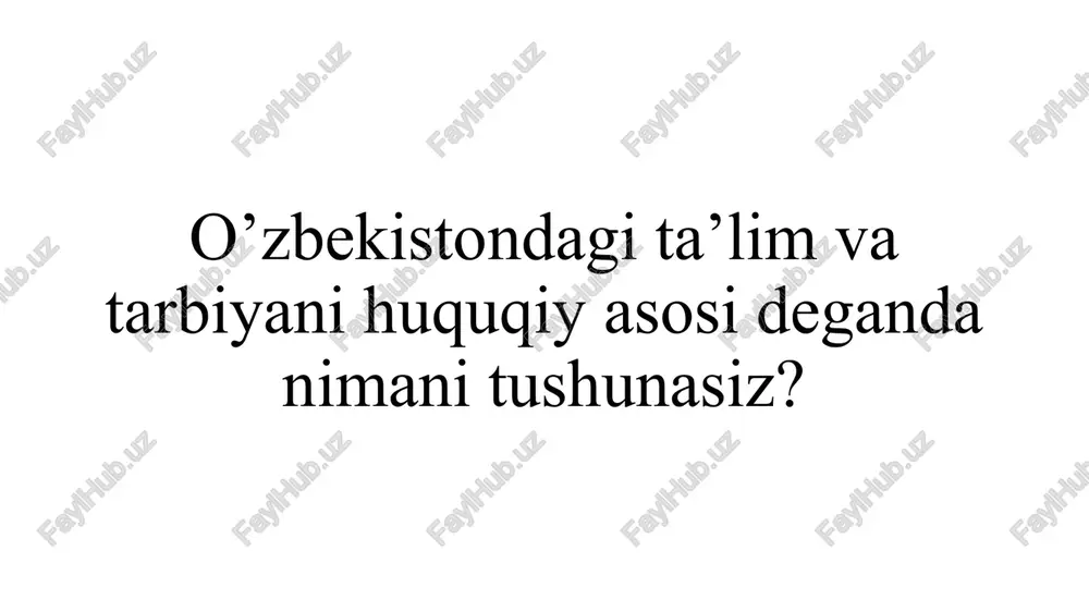 prinsiplar quyidagilardan iborat: ta’lim ustuvorligining tan olinishi; ta’lim olish shaklini tanlash erkinligi; ta’lim sohasida kamsitishlarga yo‘l qo‘yilmasligi; ta’lim olishga doir teng imkoniyatlarning ta’minlanishi; ta’lim va tarbiyaga milliy hamda umuminsoniy qadriyatlarning singdirilganligi; ta’lim va tarbiyaning insonparvarlik, demokratik xususiyati; ta’limning uzluksizligi va izchilligi; o‘n bir yillik ta’limning hamda olti yoshdan yetti yoshgacha bo‘lgan bolalarni bir yil davomida umumiy o‘rta ta’limga tayyorlashning majburiyligi; davlat ta’lim standartlari va davlat ta’lim talablari doirasida ta’lim olishning hamma uchun ochiqligi; o‘quv dasturlarini tanlashga doir yondashuvning yagonaligi va tabaqalashtirilganligi; insonning butun hayoti davomida ta’lim olishi; jamiyatda pedagoglarni ijtimoiy himoya qilishning kafolatlanganligi; ta’lim tizimining dunyoviy xususiyatga egaligi; bilimlilik, qobiliyatlilik va iste’dodning rag‘batlantirilishi; ta’lim tizimida davlat va jamoat boshqaruvining uyg‘unligi; ta’lim faoliyati sohasidagi ochiqlik va shaffoflik. uzluksiz ta’lim quyidagi ta’lim turlarini o’z ichiga oladi: 1. maktabgacha ta’lim va tarbiya; 2. umumiy o’rta va o’rta maxsus ta’lim; 3. professional ta’lim; 4. oliy ta’lim; 5. oliy ta’limdan keyingi ta’lim; 6. kadrlarni qayta …