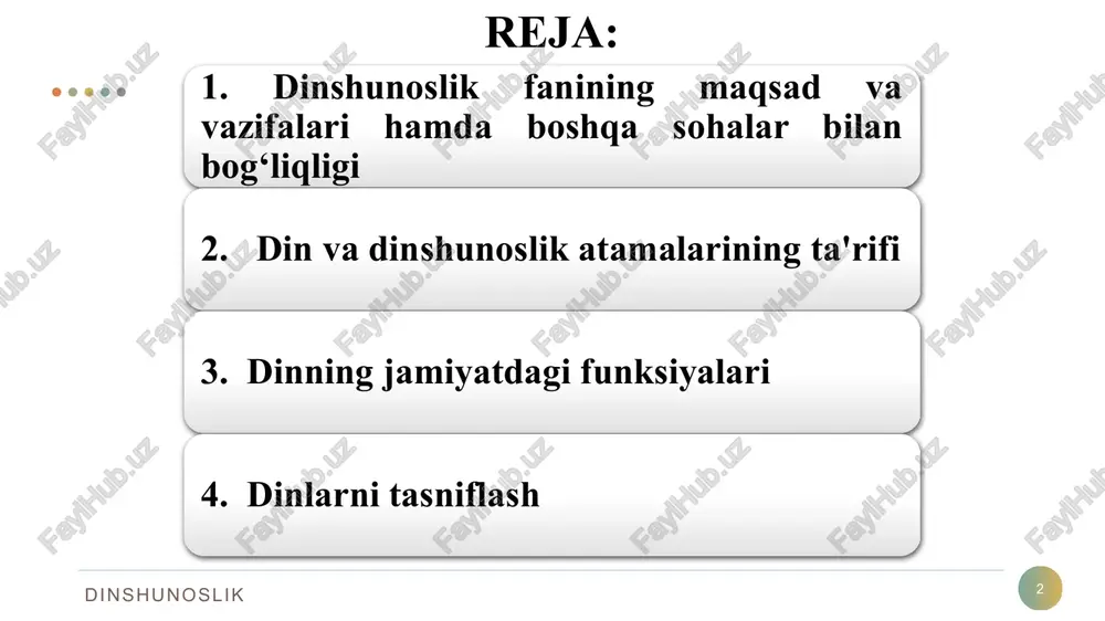 ohasida yuzaga keluvchi ijtimoiy voqea-hodisalarni taxlil qiladi va h.k. din psixologiyasi 8 dinshunoslik 8 insonga oid bo‘lgan diniy hayotning turli jihatlarini psixologik jihatdan o‘rganadi dinning psixologik jihatini, shaxsning diniy tajribasini va bu tajribaning turli ko‘rinishlarini bayon qilishga harakat qiladi kishining diniy his, tushuncha va yashash tarzi din psixologiyasining asosiy mavzusidir din falsafasi 9 dinshunoslik «din»ni falsafadan kelib chiqib tadqiq qiladi qandaydir bir yaratuvchi kuch e'tiqodiga falsafiy bir asos topishga harakat qiladi diniy hukmlarning mantig‘i va mohiyatini ochib beradi xudoning mavjudligi bilan bog‘liq dalillarning tanqid yoki tahlilini qiladi 10 rus tilida diyonat, dindorlik, taqvodorlik, xudojo'ylik, mo'minlik, taqvo, muqaddas narsa yoki joy, qadamjo, ziyoratgoh, ibodat-topinish-sig'inish va u bilan bog'liq diniy marosimlar o'zbek tilida ishonch,ishonmoq, e’tiqod,mulk, hukm, hisob, itoat qilish, yo’l tutish din va dinshunoslik atamalarining ta'rifi dinshunoslik din haqida fikrlar 11 dinshunoslik «din, insonning muqaddas deb bilgan narsalariga nisbatan munosabatidir». rudolf otto «din, muayyan jamoatning vujudga kelishini ta'minlovchi marosim va e'tiqodlar majmuidir». …