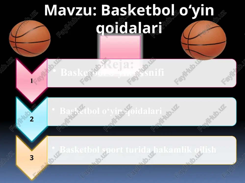 iyinchiligi hisobga olinadi, uzoq masofadan savatga to‘p tushira olgan o‘yinchilar rag‘batlantiriladi. o‘yinda eng ko‘p ochko to‘plagan jamoa g‘alaba qozonadi. basketbol qoidasida raqib jamoasi o‘yinchilari bilan bevosita bir-biriga tegib yurishga ruxsat qilinmaydi. ayniqsa, hakamlar himoyachilarning to‘pni egallagan hujumchi o‘yinchiga tegmasliklarini qat’iy kuzatadilar. to‘pni savatga tashlash paytida tegib ketilsa himoyachi fol bilan jazolanadi. fol esa qaytnomaga yozibqo‘yiladi. o‘yinchi besh foldan so‘ng, o‘yinni davom ettira olmaydi, almashtirilmaydi va maydonga boshqa chiqarilmaydi ham. har bir fol uchun jarima belgilanadi. buni shikast ko‘rgan o‘yinchi bajaradi. agar to‘p 6 metrli aylana chegarasi tashqarisidan tashlangan bolsayu u to‘p savatga tushsa ,hisobga o‘tadi, lekin himoyada xalaqit berilsa, aybdor jamoa savatiga qo‘shimcha bitta jarima to‘pi tashlash belgilanadi. bordiyu to‘p savatga tushmasa , unda yana jarima to‘pi tashlanadi. musobaqa qoidasiga ko‘ra, oldingi zonadan o‘zining orqa zonasiga to‘p uzatishga ruxsat qilinmaydi.qoida buzilsa, to‘p raqib jamoasiga olib beriladi va to‘p yon chiziq orqasidagi uni kesib o‘tgan markaziy chiziqdan tashlanadi. basketbol musobaqasi o‘yinining …