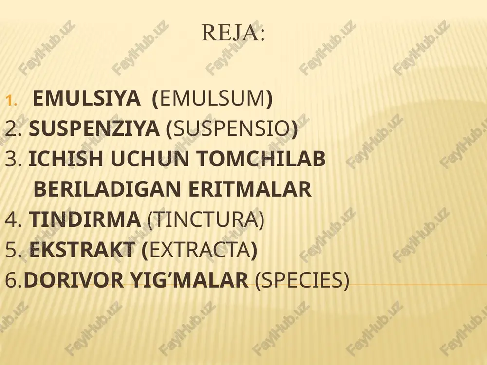 ovuq tuxumi sarig’i (vitellum ovi) ishlatiladi. yaxshi emulsiya hosil qilish uchun 2 qism suyuq moyga, 1 qism emulgator va 17 qism suv (2:1:17) qo’shiladi. agar, reseptda yog’ miqdori ko’rsatilmasa emulsiya 1:10 nisbatda tayyorlanadi. ichishga mo’ljallangan emulsiyalar qoshiqlarda beriladi. emulsiyalar turg’un bo’lmaganliklari uchun 12 marta qabul qilish uchun yoziladi. moyli emulsiyalar reseptda kengaytirilgan va qisqartirilgan shaklda yoziladi. reseptga misol. tarkibida 20 ml treska balig’i moyini saqlovchi 200 ml emulsiya yozib berilsin. kuniga 1 osh qoshiqdan 2 marta qabul qilish buyurilsin. kengaytirilgan shakl: rp.: olei jecoris aselli 20 ml gelatosae 10,0 aquae destillatae ad 200 ml m.f. emulsum d.s. kuniga 1 osh qoshiqdan 2 marta qabul qilinsin. suspenziya (suspensio) bosh kelishik birlik sonda - suspensio, qaratqich kelishik birlik sonda – suspensionis) suspenziya – dozalanmagan suyuq dori shakli bo’lib, qattiq dori moddalarining suyuqlikdagi muallaq zarrachalardir. ular in’eksiya, ichish va sirtga ishlatish uchun buyuriladi. ishlatishdan oldin chayqatiladi. sterillangan suspenziyalarni mushaklar orasiga yuborish mumkin. suspenziyalar …