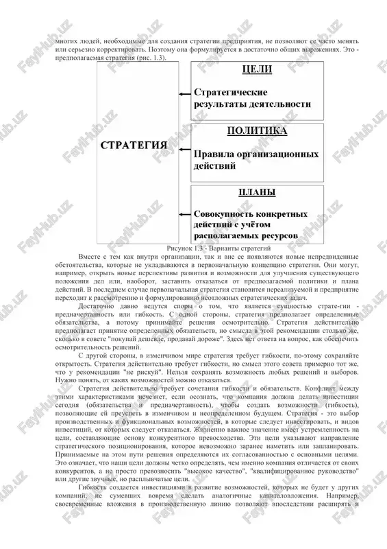 skolko elementov (ris. 1.2). risunok 1 - elementi strategii prejde vsego k nim otnositsya sistema tseley, vklyuchayushaya missiyu, obsheorganizatsionnie i spetsificheskie tseli. drugoy element strategii - politika, ili sovokupnost konkretnix pravil organizatsionnix deystviy, napravlennix na dostijenie postavlennix tseley. nakonets, tretim elementom strategii yavlyayutsya plani, t.e. sistema konkretnix deystviy po realizatsii prinyatoy politiki, prizvannaya reshat zadachi raspredeleniya resursov. tak, resursi mojno napravlyat v pervuyu ochered na reshenie naibolee vajnix i nasushnix dlya predpriyatiya problem ili videlyat proportsionalno potrebnostyam, ili predostavlyat vsem podrazdeleniyam porovnu, esli oni budut blizki po razmeram i zanimayutsya sxodnimi vidami deyatelnosti. perviy iz otmechennix podxodov v bolshey stepeni tselesoobrazen v perelomnie momenti deyatelnosti predpriyatiya, kogda voznikaet neobxodimost v kontsentratsii sil na reshayushix napravleniyax deyatelnosti. vtoroy i tretiy - v period spokoynogo razvitiya. predpolagaemaya i realizovannaya strategiya. obichno strategiya razrabativaetsya na neskolko let vpered, konkretiziruetsya v razlichnogo roda proektax, programmax, prakticheskix deystviyax i realizuetsya v protsesse ix vipolneniya. znachitelnie …