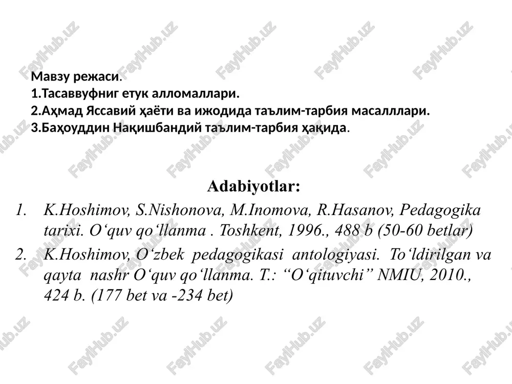 g imom g'azzoliy (1058-1111 yillar) so'fiylik ta'limotining asoschilaridan biri bo'lib, “hujjat-ul-islom” laqabini olgan. alloma to'g'risida so'z yuritilganda hatto “qur'on yo'qolib qolsa, uni g'azzoliyning asarlari bo'yicha tiklash mumkin” degan fikrlarni bildirganlar imom g'azzoliy tomonidan yaratilgan “tahofut al-falosifa” (“faylasuflarni rad etish”), “kimyoi saodat” (“saodat kimyosi”), “ixya ulum ad-din” (“diniy ilmlarni tiriltirish”) kabi islom ilohiyoti tizimining shakllanishiga zamin hozirlagan asarlar alloma faoliyatiga nisbatan shunday yuksak baho berilishiga sabab bo'lgan. alloma so'fiylik nazariyasining mohiyati xususida so'z yuritib, ular haqiqatni mantiqiy mulohazalar asosida emas, balki ichki kechinmalar vositasida bevosita hissiy tarzda anglaydi, deb ko'rsatadi. islom donishmandlari orasida eng ko'p asar yozgan olim hisoblanadi. yozgan asarini umriga taqsimlaganda xar kuni 4 jildan asar yozgan bo'lib chiqadi. g'azzoliy- falsafa, islom tarixi, xuquq, ahloq, tasavvuf, kalon ilmi, she'riyat,tabobat, odob, ma'rifat haqiqatga oid risollar yozgan. ilimni o'rgan, unga amal qil, ibrat ko'rsat, ilimni so'raganga o'rgat. hujjatli kitob o'qish yusuf hamadoniy yusuf hamodoniy (1048-1140 yillar) hamadon atrofidagi qishloqlardan birida tug'ilgan. …