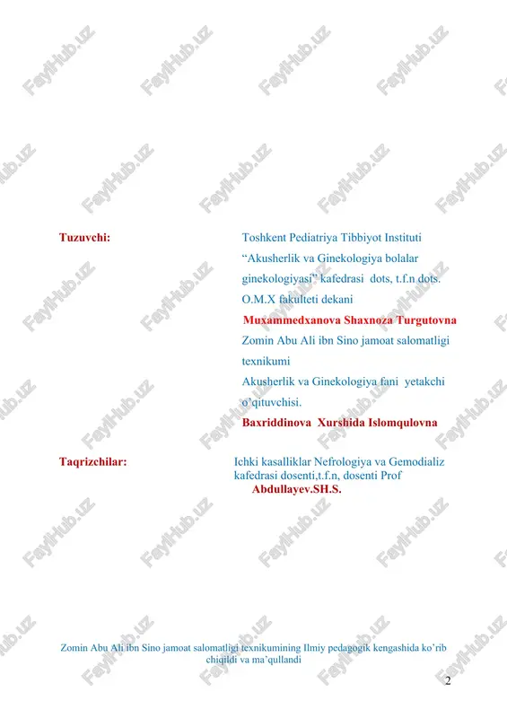 shi talabalari uchun tayyorlangan “akusherlik va ginekologiya” fanidan oʻquv qoʻllanmasi davlat ta’lim standarti va umumiy amaliyot hamshira yoʻnalishi malaka talablariga asoslangan holda tuzilgan. ushbu qoʻllanma asosida zamonaviy pedagogik texnologiyalarni oʻqitish jarayonida qoʻllagan holda, talabani nazariy ma’lumotidan boshlangʻich amaliy koʻnikmalarni mustaxkamlash maqsadida xar bir mavzu boʻyicha nazariy savollar, test va vaziyatli masalalar bajarish orqali klinik amaliyot bilan uygʻunlashtirgan holda qoʻllashga imkon yaratadi. oʻquv qoʻllanma akusherlik va ginekologiya fanining anatomiya, fiziologiya va patologiya asoslari, hamshiralik ishi, pediatriya, ichki kasalliklar, anesteziologiya va reanimatsiya asoslari fanlari bilan bog`lab o`tiladigan mavzulardan foydalanilgan. ushbu uslubiy qo’llanma onalik xaqida tushunchadan boshlab, qiz bolalar, o’smir qizlar jinsiy yetilish va yetuklik, klimakterik va qarilik davrlarida ayollarda hamshiralik parvarishining o’rni va ahamiyati o’ziga xos usullari, ularni jonlantirishning zamonaviy tamoyillari ginekologik bemorlarni tekshiruvida hamshiraning o’rni kabi mavzular uchun amaliy ko’nikmalar o’quvchilar ongiga soda va ravon tilda singdirilishi xisobga olib yozilgan. akusherlik va ginekologiya fani boʻyicha oʻquv qoʻllanmasini chop etish uchun tavsiya …