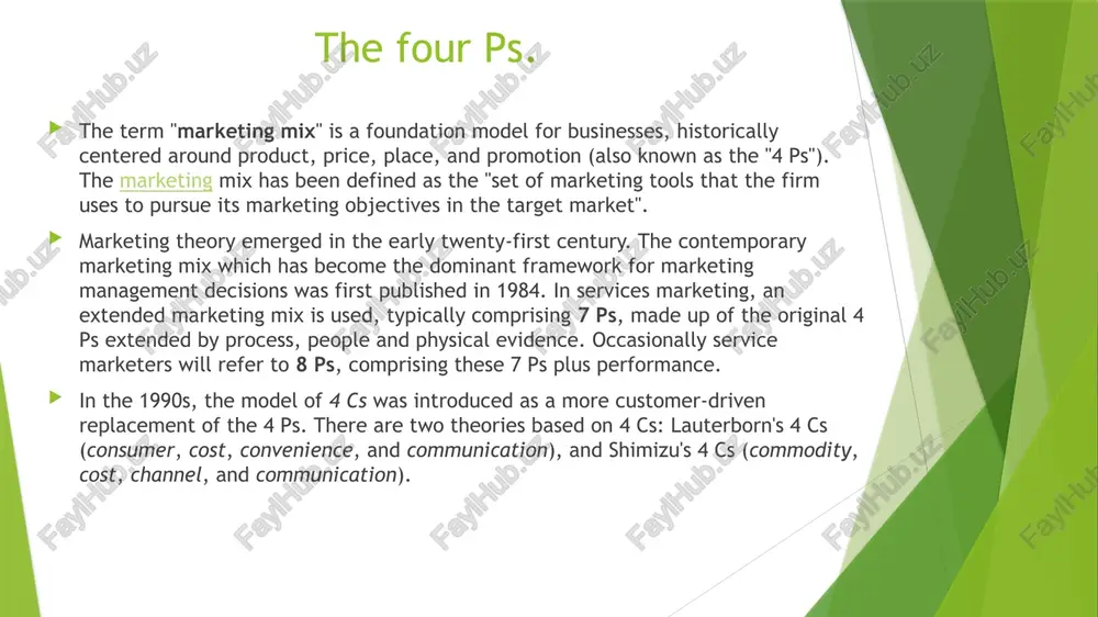 eatures, quality product assortment – product range, product mix, product lines branding packaging and labeling services (complimentary service, after-sales service, service level) guarantees and warranties returns managing products through the life-cycle price price refers to the amount a customer pays for a product. price may also consumer's expectation for getting a certain product (e.g. time or effort). price is the only variable that has implications for revenue. price is the only part of the marketing mix that talks about the value for the firm. price also includes considerations of customer perceived value. price strategy price tactics price-setting allowances – e.g. rebates for distributors discounts – for customers payment terms – credit, payment methods place refers to providing customer access considers providing convenience for consumer. strategies such as intensive distribution, selective distribution, exclusive distribution[22] franchising; market coverage channel member selection and channel member relationships assortment location decisions inventory transport, warehousing and …