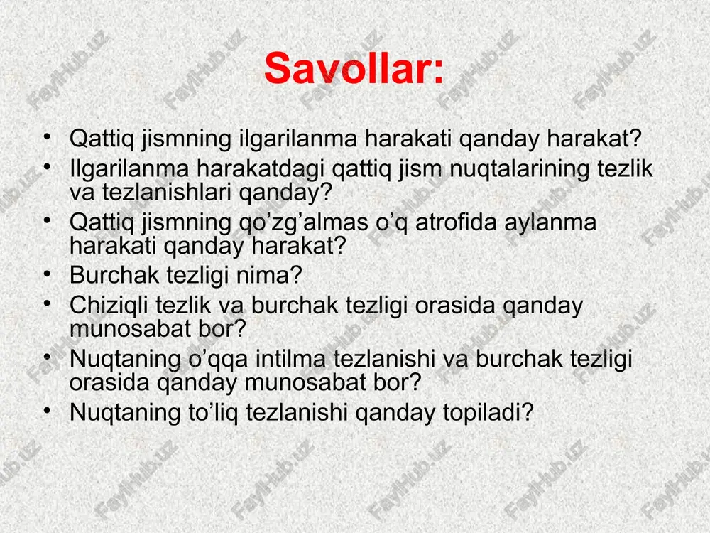 harakati shu jismni qo‘zg‘almas tekislikka parallel tekisliklardan biri bilan kesganda hosil bo‘lgan tekis shakl harakati bilan to‘liq aniqlanadi. shunday qilib jism tekis harkatlanganda jismda olingan tekis shaklning har bir nuqtasi shu jismdagi ixtiyoriy shu tekis shaklga qo‘shni va parallel tekis shakllardagi mos nuqtalarning harakatini aniqlaydi demak qattiq jismning tekis parallel harakatini o‘rganish uchun s qirqim (tekis shakl) harakatini bilish kifoya. m1 m2 o tekis shaklning holati unda olingan ab kesma orqali aniqlanadi bu yerda a nuqta qutb deb ataladi. φ esa ab kesmaning ox o‘qi bilan hosil qilgan burchagi. (7.1) ning birinchi ikkita tenglamasi jism ilgarilama harakatini, uchinchisi esa qutb atrofida aylanma harakatni ifodalaydi. demak, jismning tekis parallel harakati qutb nuqtaning ilgarilama va qutb nuqtadan rasm tekisligiga perpendikulyar o‘tgan o‘q atrofidagi aylanma harakatini ifodalaydi. a b b1 a2 b2 a1 a b x xa y ya  7.2.- tekis shakl ixtiyoriy nuqtasining trayektoriyasi qattiq jism s qirqimi ustidagi ixtiyoriy m …