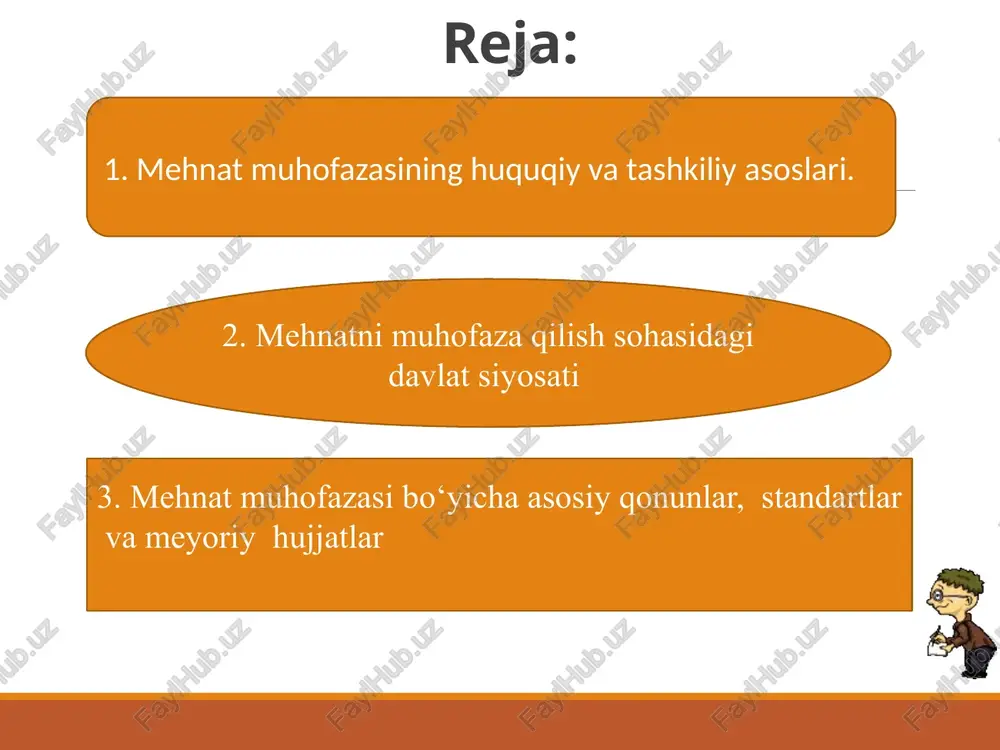 1996 yilning 1 aprelidan boshlab amalda foydalanib kelgan mehnatga oid huquqiy munosabatlarga nisbatan qo`llanilishi ko`rsatib o`tilgan. xodimning asosiy mehnat huquqlari. o‘zbekiston respublikasining konstitusiyasiga muvofiq har bir shaxs mehnat qilish, erkin ish tanlash, haqqoniy mehnat shartlari asosida ishlash va qonunda belgilangan tartibda ishsizlikdan himoyalanish huquqiga egadir har bir xodim: o‘z mehnati uchun qonun hujjatlarida belgilangan eng kam oylik ish haqidan oz bo‘lmagan miqdorda haq olish; muddatlari chegarasi belgilangan ish vaqtini o‘rnatish, bir qator kasblar va ishlar uchun ish kunini qisqartirish, har haftalik dam olish kunlari, bayram kunlari, shuningdek haq to‘lanadigan yillik ta’tillar berish orqali ta’minlanadigan dam olish; xavfsizlik va gigiyena talablariga javob beradigan sharoitlarda mehnat qilish; ish beruvchining asosiy huquqlari: korxonani boshqarish va o‘z vakolatlari doirasida mustaqil qarorlar qabul qilish; qonun hujjatlariga muvofiq yakka tartibdagi mehnat shartnomalarini tuzish va bekor qilish; mehnat shartnomasida shart qilib ko‘rsatilgan ishni lozim darajada bajarishni xodimdan talab qilish; o‘z manfaatlarini himoyalash uchun boshqa ish beruvchilar bilan …