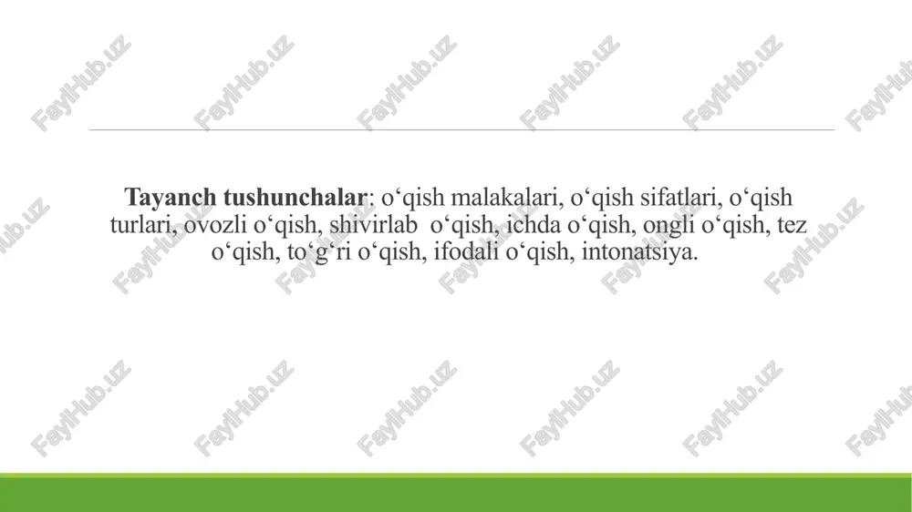 ish hamda ilmiy dunyoqarashlarini shakllantirish. 4. o‘quvchilarni axloqiy, estetik jihatdan yetuk va mehnatga muhabbat ruhida tarbiyalash. 5. o‘quvchilarning bog‘lanishli nutqini va adabiy-estetik tafakkurini o‘stirish. 6. o‘quvchilarning xayolot olamini boyitish. 7. elementar adabiy tasavvurlarini shakllantirish. o‘qish malakasini egallash ancha murakkab bo‘lib, uni shakllantirish uzoq vaqtni talab etadi. ruhshunos olim t.g.yegorov o‘zining „ochepki psixologii obucheni detey chteniyu” nomli asarida o‘qish malakalarini shakllantirish jarayonini uch bosqichga ajratadi: analitik bosqich, sintetik bosqich va avtomatlashgan bosqich. analitik bosqich savod o‘rgatish davriga to‘g‘ri keladi, bunda so‘zni bo‘g‘in-harf tomonidan tahlil qilish va bo‘g‘inlab o‘qish malakasi shakllantiriladi. sintetik bosqich uchun so‘zni sidirg‘a o‘qish xarakterlidir; bunda so‘zni ko‘rish orqali idrok qilish va uning talaffuzi so‘z ma’nosini anglash bilan asosan mos keladi. o‘qish so‘z ma’nosini idrok qilish bilan amalga oshadi. o‘quvchilar sintetik,bosqichga 3-sinfda o‘tadilar. bundan keyingi yillarda o‘qish avtomatlasha boradi. o‘qish darslarida asar ustida ishlashni shunday tashkil etish kerakki, asar mazmunini tahlil qilish o‘qish malakalarini takomillashtirishga yo‘naltirilgan bo‘lsin 6 o‘qish …