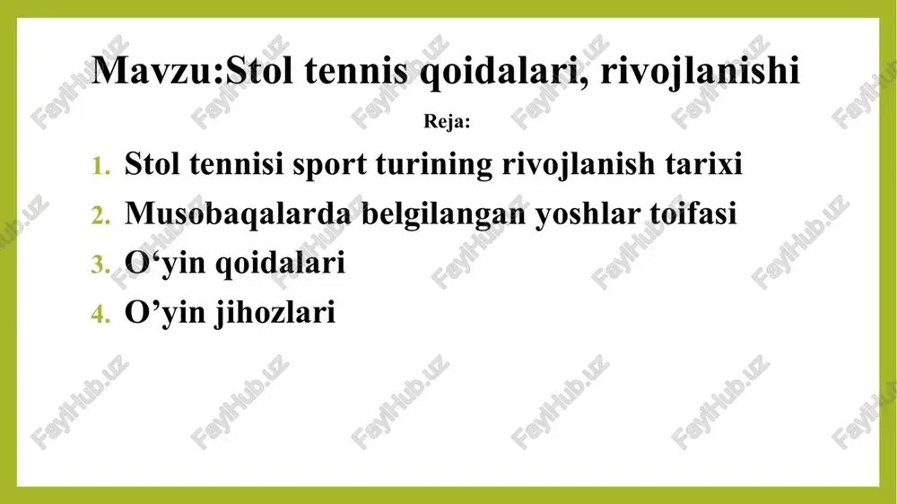 g” atamasini muomalaga kiritgan. bu atama ikkita tovushning yig‘indisidan tashkil topgan bo‘lib: “ping”-shar raketkaga urilganida, “pong”- esa shar stolga tegib, sapchib ketganda chiqadigan tovushdir. keyinchalik bu nom aka-uka parkerlarga sotilgan. dastlab o‘yin uchun yuzasi silliq yog‘och bilan qoplangan, ya’ni maxsus qoplama bilan qoplanmagan raketkalardan foydalanilgan. keyinchalik, probka yoki shunga o‘xshash materiallardan ishlangan qoplamalar ishlatila boshlangan. bunday raketkalar bilan zamonaviy stol tennisi uchun ma‘lum bo‘lgan anchagina zarba turlarini berish va bir maromdagi o‘yinni olib borishning imkoniyati bo‘lmagan. 1903-yilda ch.gud ilk bor kauchuk qoplangan raketkadan foydalangan. o‘tgan asrning 20 yillari birinchi yarmida kauchukdan foydalanish shu darajada keng tarqalganki, natijada raketkalarning boshqa turlari butunlay muomaladan chiqib ketgan. chunonchi turli usullar bilan sharni kesish yoki aylantirib zarba berish imkoniyati paydo bo‘lgan. yumshoq qoplamali raketkalar (1930) paydo bo‘lganidan so‘ng o‘yin turli shakl kasb eta boshladi. xususan, shar bilan raketkaning mahkam ta’sirlashi sababi sharga turli xil aylanishlar va kuchli zarba berish imkoni bo‘ladi. o‘yin esa yanada …