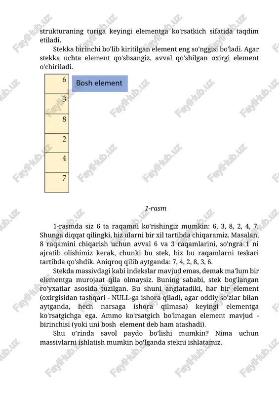 olmaysiz. buning sababi, stek bog'langan ro'yxatlar asosida tuzilgan. bu shuni anglatadiki, har bir element (oxirgisidan tashqari - null-ga ishora qiladi, agar oddiy so'zlar bilan aytganda, hech narsaga ishora qilmasa) keyingi elementga ko'rsatgichga ega. ammo ko'rsatgich bo'lmagan element mavjud - birinchisi (yoki uni bosh element deb ham atashadi). shu o’rinda savol paydo bo’lishi mumkin? nima uchun massivlarni ishlatish mumkin bo’lganda stekni ishlatamiz. ammo shablonlar to'plamining butun go'zalligi elementlarni qo'shish va olib tashlashdan iborat. ushbu amallar doimiy vaqt ichida amalga oshiriladi (bu yaxshi plyus). aytgancha, ba'zi dasturchilar massivda stek qilishadi. stekdan foydalanishning bu usuli haqida biroz keyinroq gaplashamiz. c ++ da qanday qilib stek yaratish mumkin. dastur boshida stek shablonidan foydalanish uchun kutubxonasini yoqishimiz kerak. stek yaratish uchun biz quyidagi sxema bilan ishlashimiz kerak: stack ; bu yerda: yangi satrda stack so'zini yozishimiz kerak. - bu yerda stekda saqlanadigan ma'lumotlar turini yozishimiz kerak. - bu stek nomi. steklar bilan ishlash metodlari metodlar …